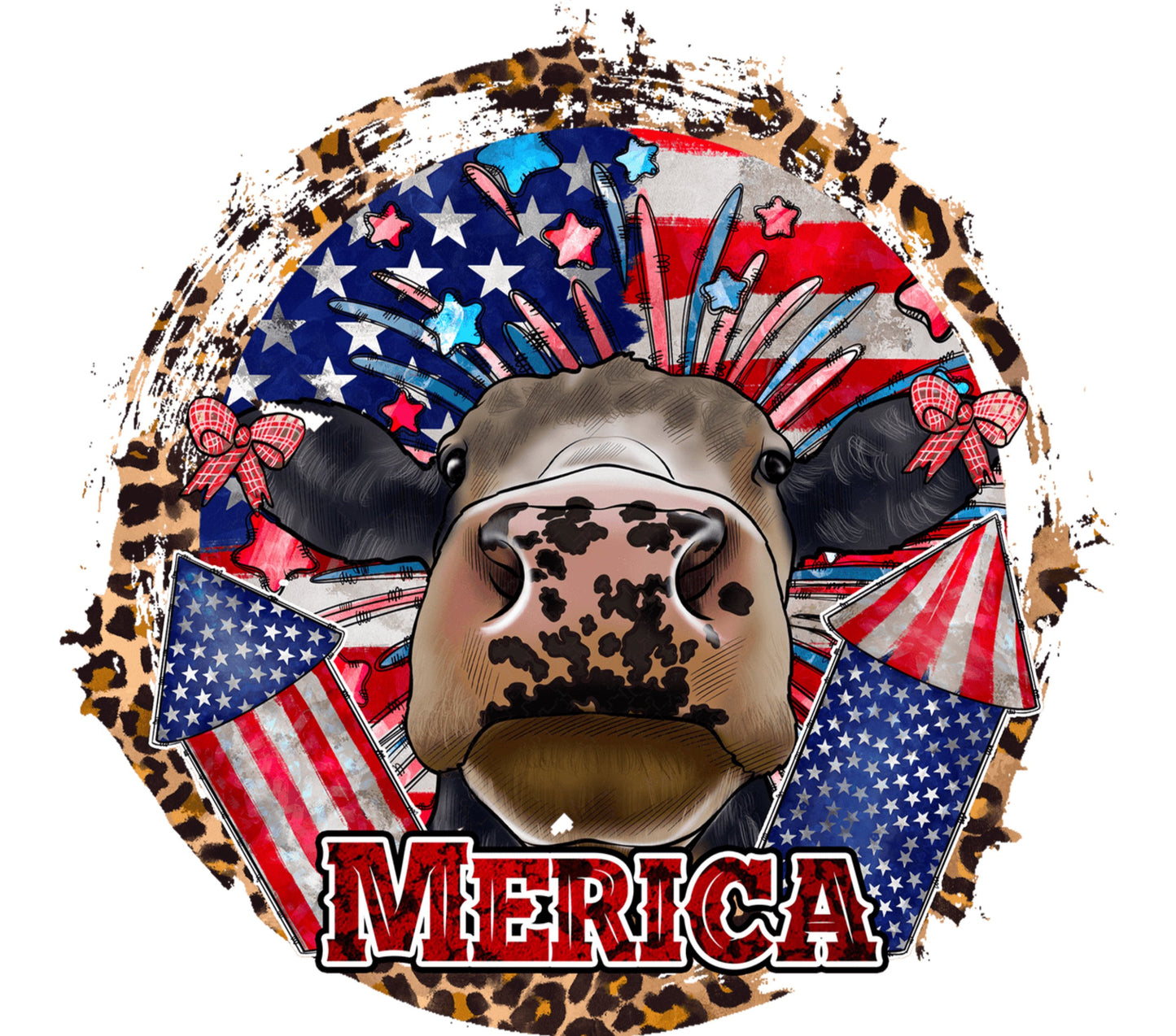 Patriotic Cow Print T-Shirt, American Flag, Merica Bull Graphic Tee, Independence Day Apparel