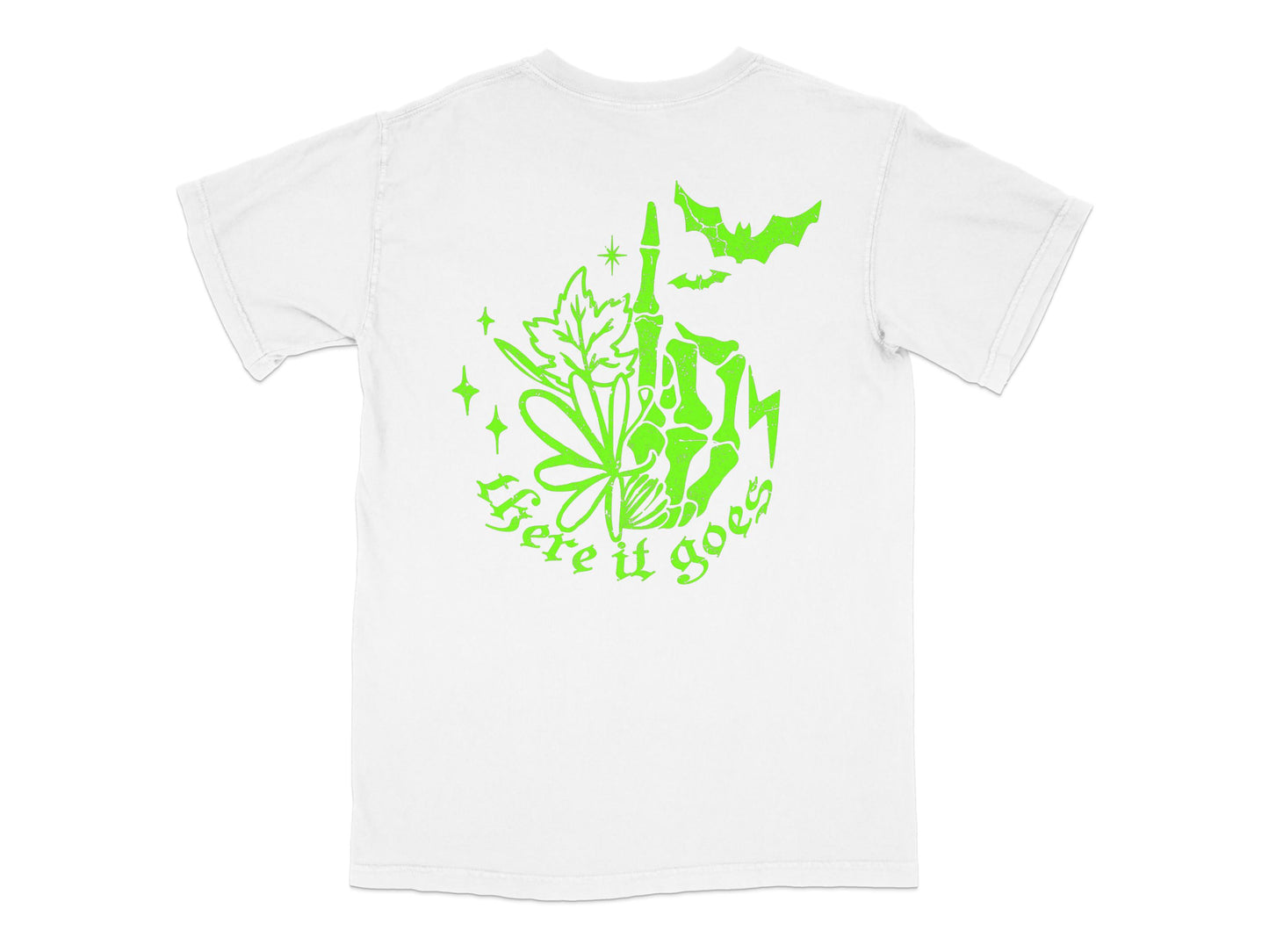 White T-Shirt with Green Nature Graphic, 'Here It Goes' Text, Eco-Friendly Tee Design, Bat and Leaves Motif