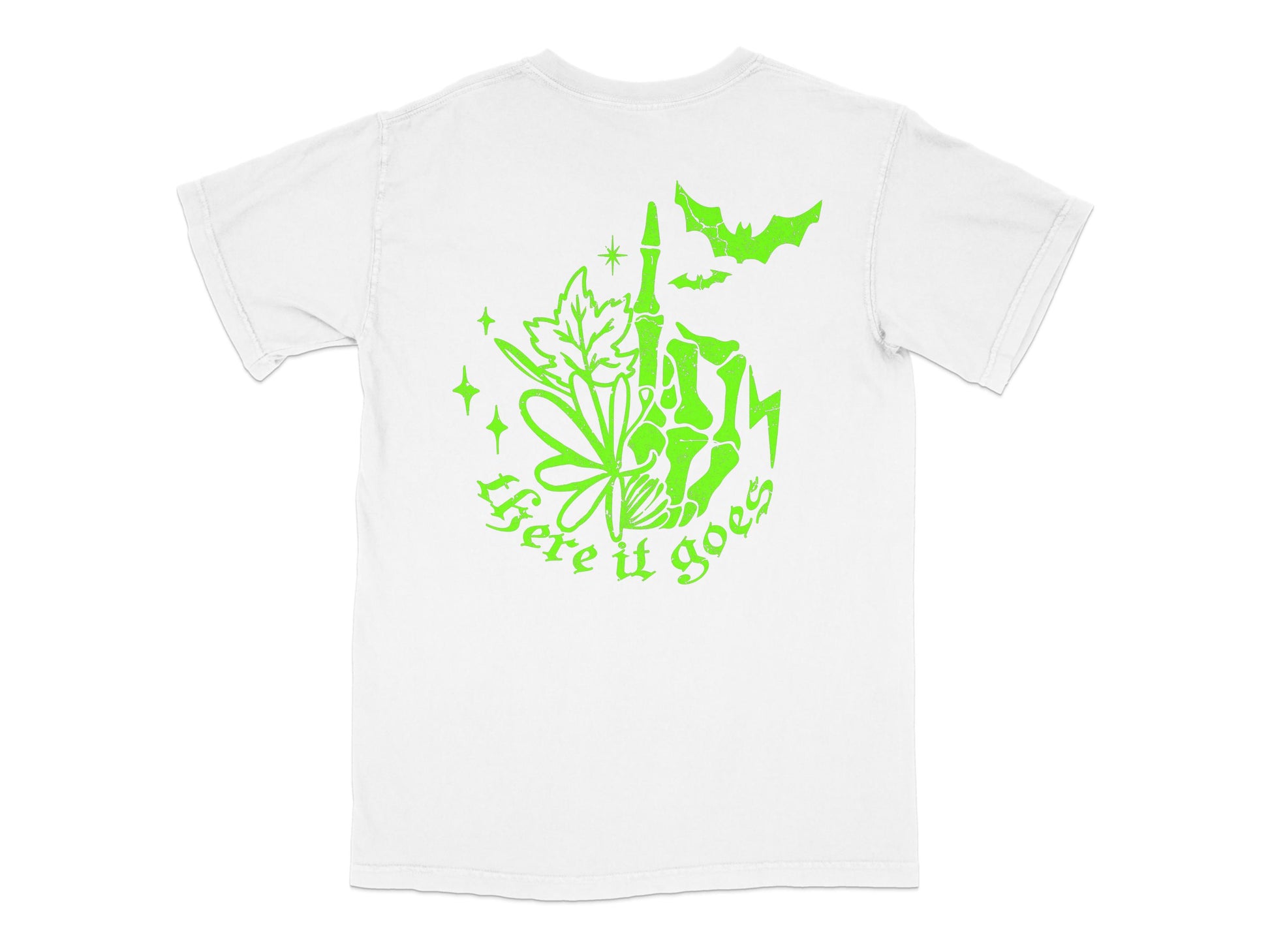 White T-Shirt with Green Nature Graphic, 'Here It Goes' Text, Eco-Friendly Tee Design, Bat and Leaves Motif