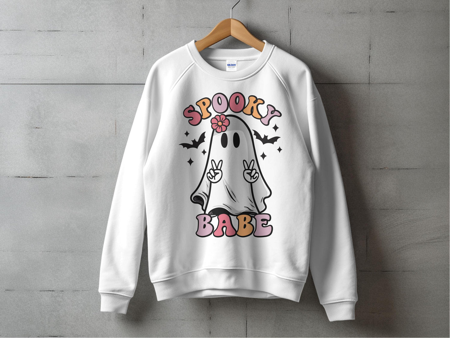 Cute Spooky Babe Ghost Sweatshirt, Halloween Casual Pullover, Women's Autumn Fashion Top, Trendy Fall Apparel