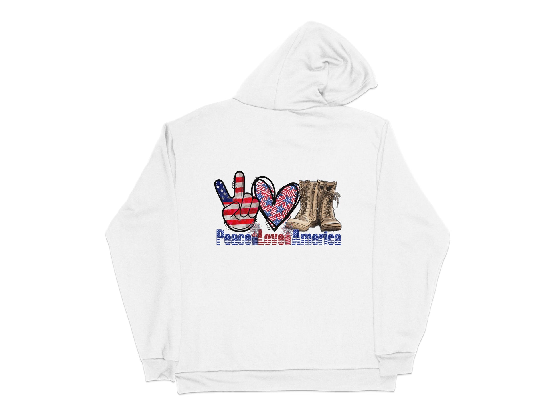 Patriotic Hoodie with American Flag Heart and Combat Boots Design, Casual Unisex Apparel