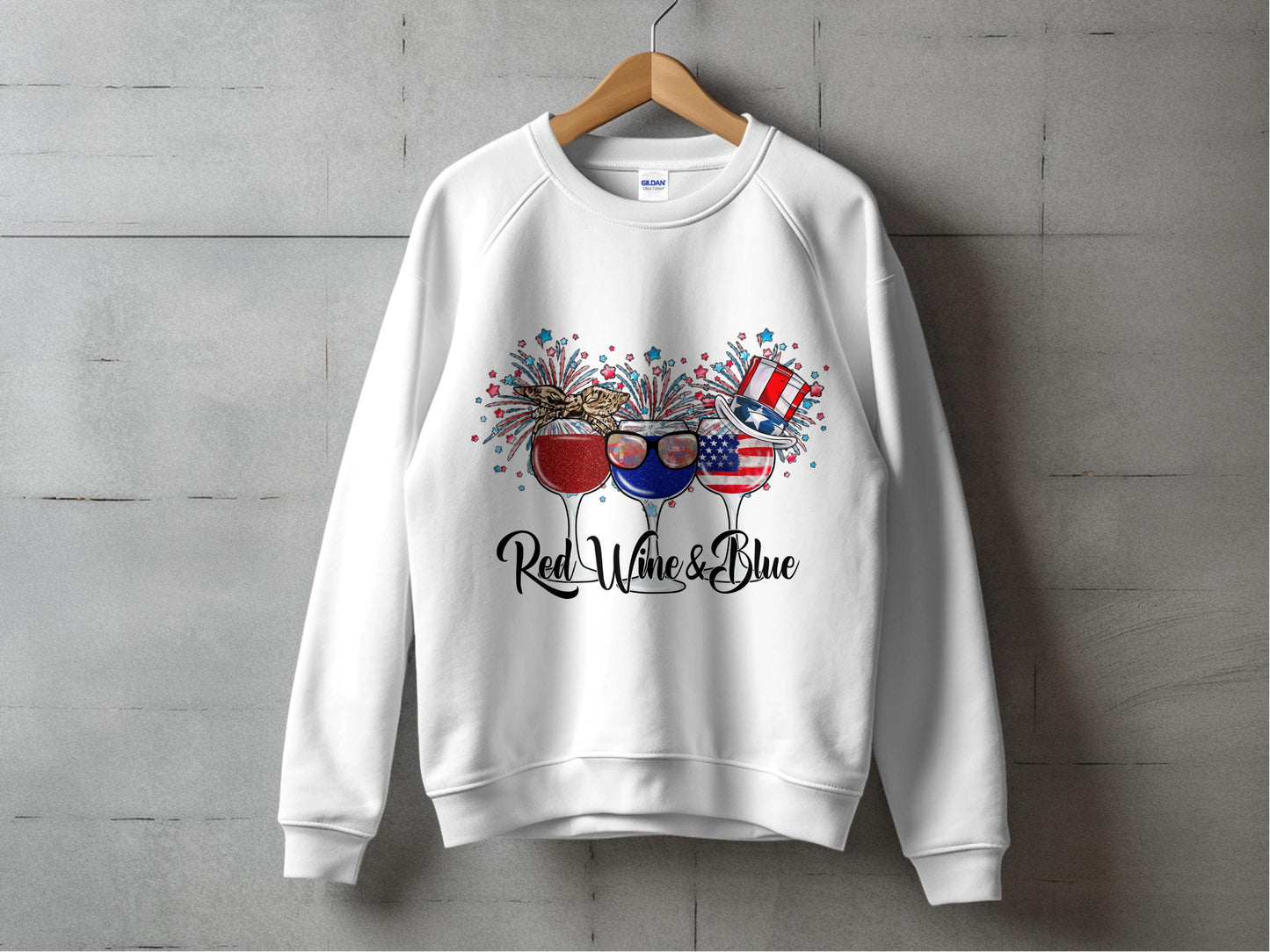 Patriotic Sweatshirt, 4th of July Fireworks, Wine Glasses USA Flag Design, Unisex White Crewneck, American Independence Day Apparel