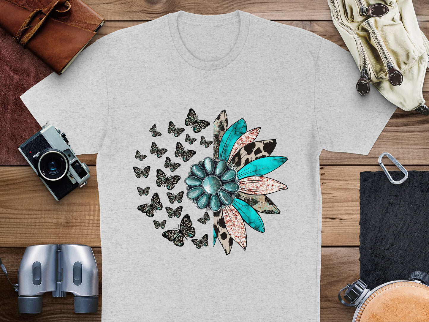 Boho Chic Floral and Butterfly Print T-Shirt, Trendy Graphic Tee, Casual Women's Fashion Top
