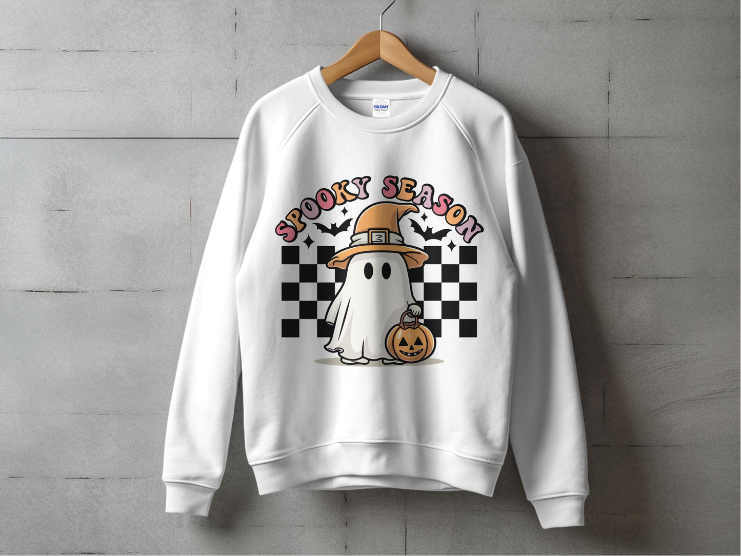 Spooky Season Ghost Sweatshirt, Halloween White Crewneck, Cute Fall Ghost Graphic, Autumn Pumpkin Apparel, Unisex Pullover Sweatshirt