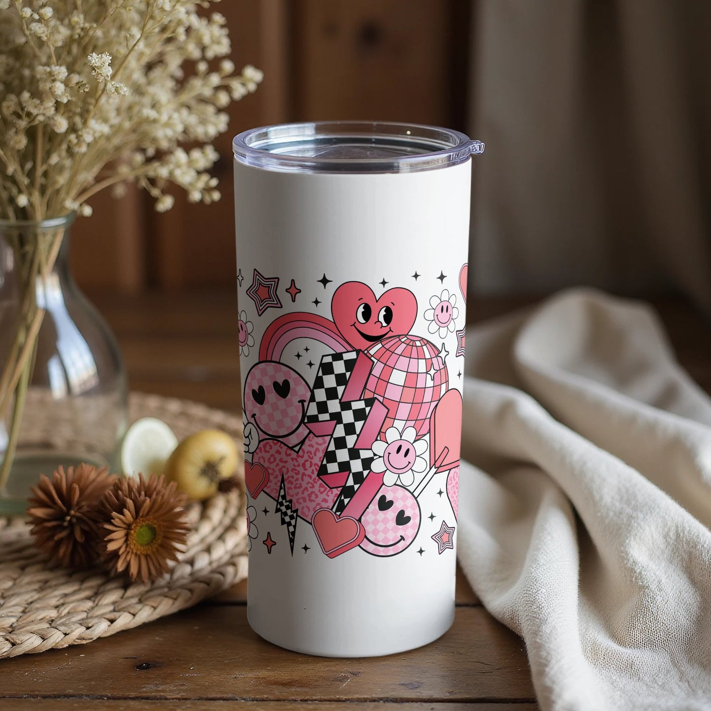 Cute Hearts and Stars Illustrated Tumbler, Colorful Graphic Travel Mug, Unique Gift Idea, Durable Insulated Drinkware