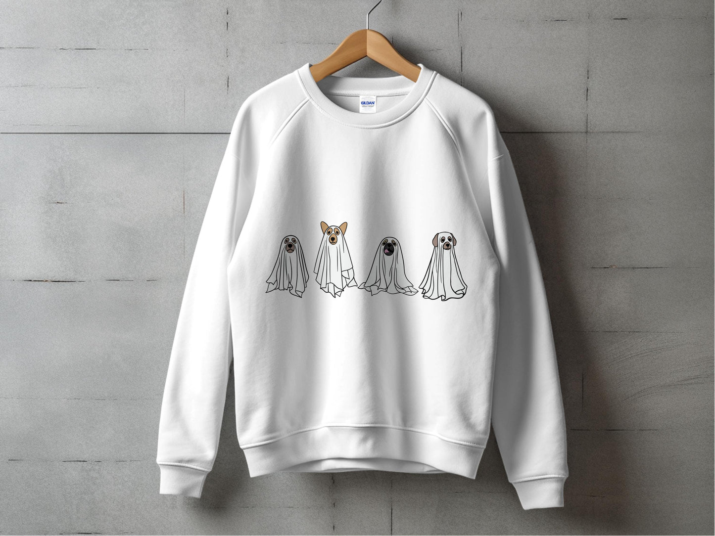 White Sweatshirt with Cute Ghost Dog Design, Unisex Ghost Puppy Graphic Pullover, Halloween Casual Apparel