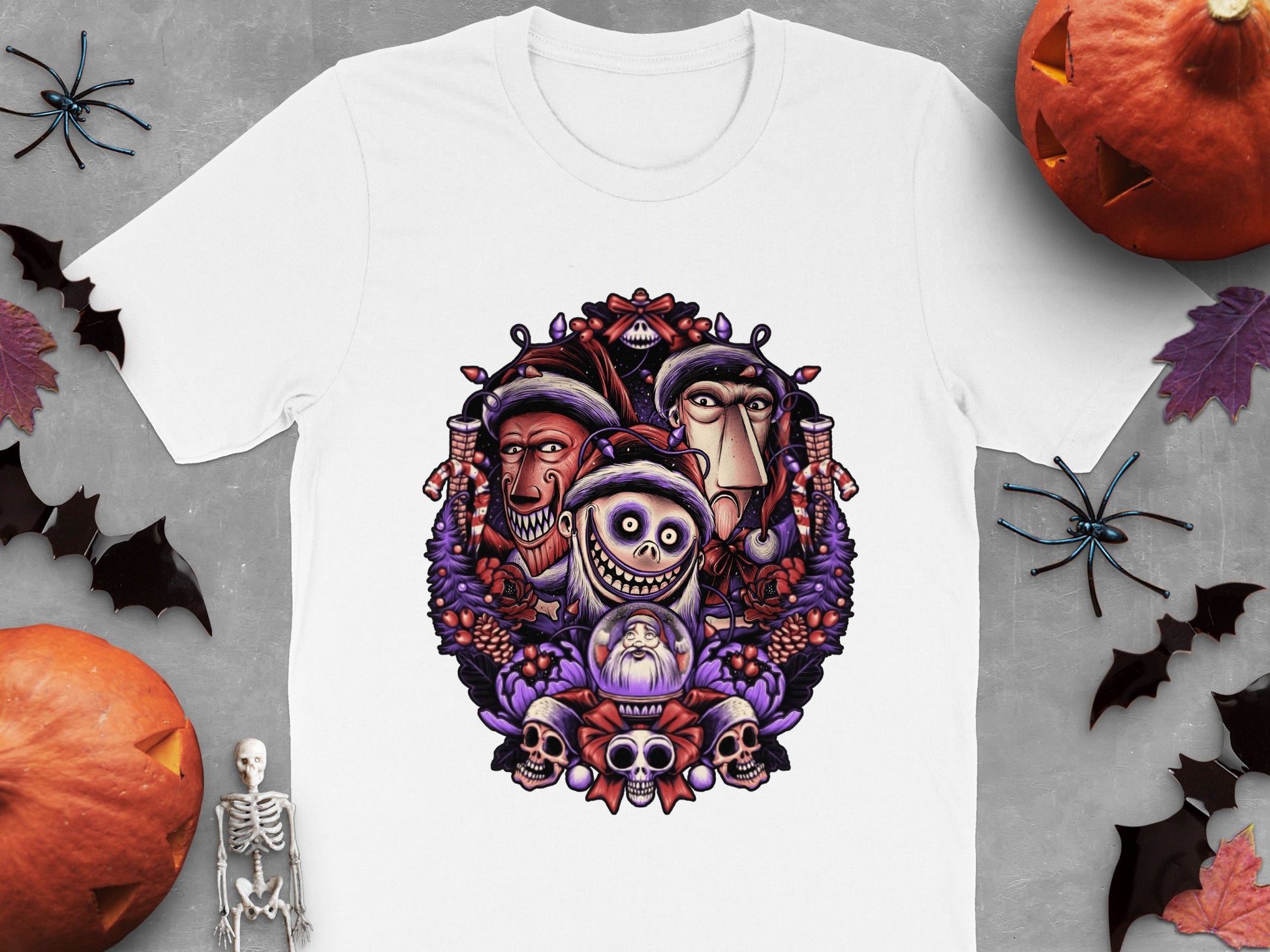 Halloween Themed T-Shirt with Colorful Skulls and Characters, Spooky Season Apparel
