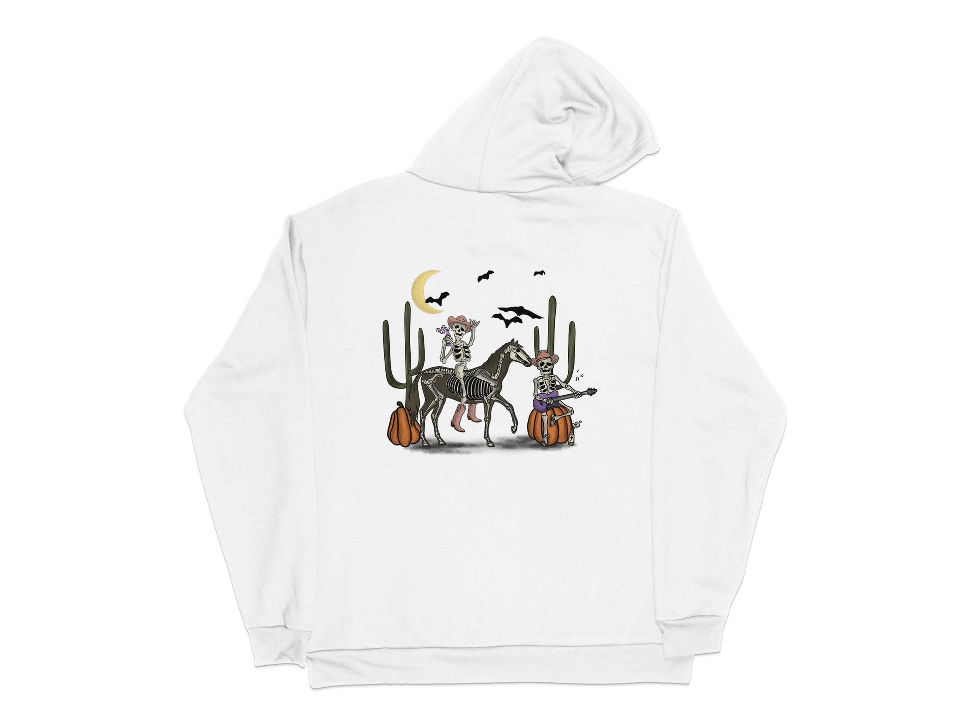 Halloween Hoodie with Cat and Dog Skeleton Print, Unisex Fall Sweatshirt, Spooky Apparel with Cacti and Moon Design