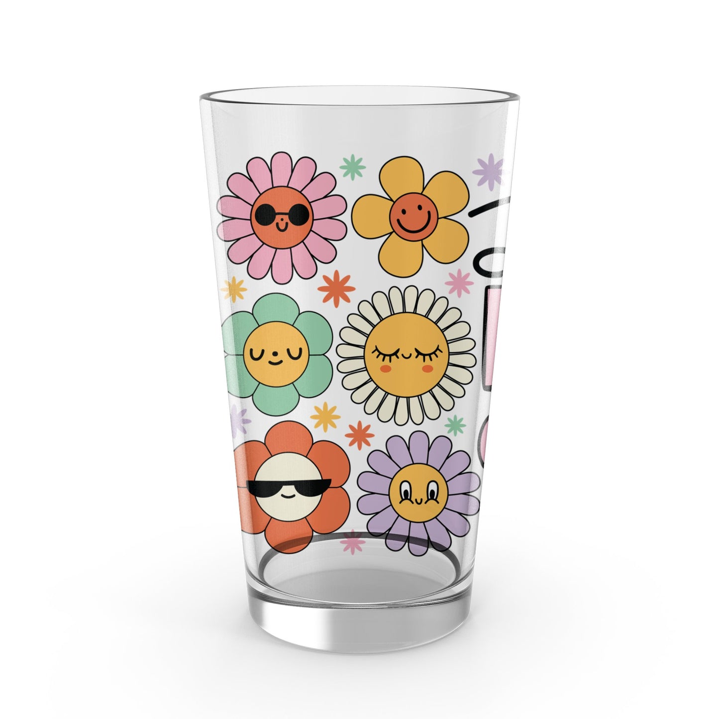 Colorful Floral Glass Tumbler, Cute Flower Faces Drinkware, Unique Daisy Design, Gift Idea