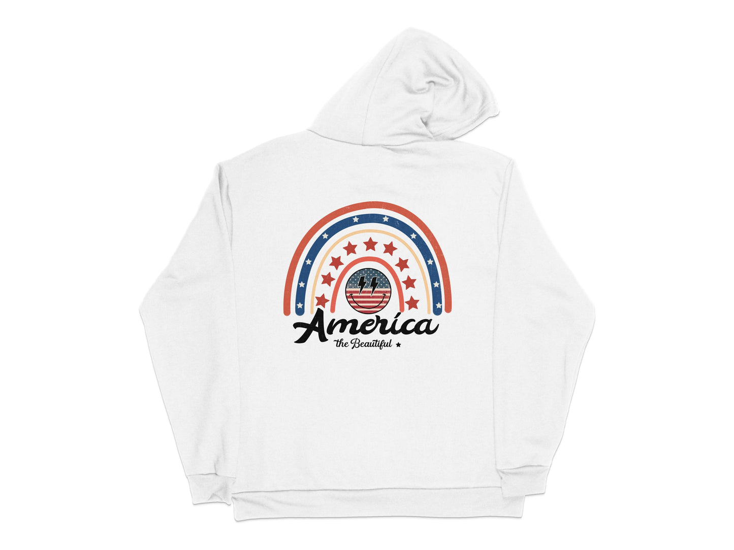 Patriotic America Hoodie, Vintage Rainbow Print, Unisex White Sweatshirt, Casual Outerwear, Stars and Stripes Design