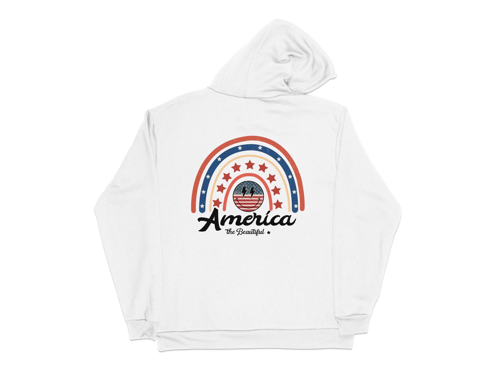Patriotic America Hoodie, Vintage Rainbow Print, Unisex White Sweatshirt, Casual Outerwear, Stars and Stripes Design