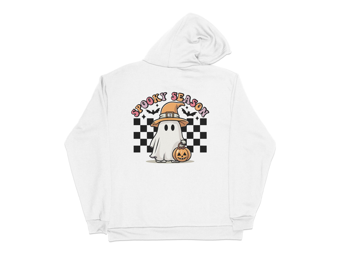 Spooky Season Hoodie, Ghost and Pumpkin Design, Checkered Halloween Sweatshirt, Unisex Fall Fashion