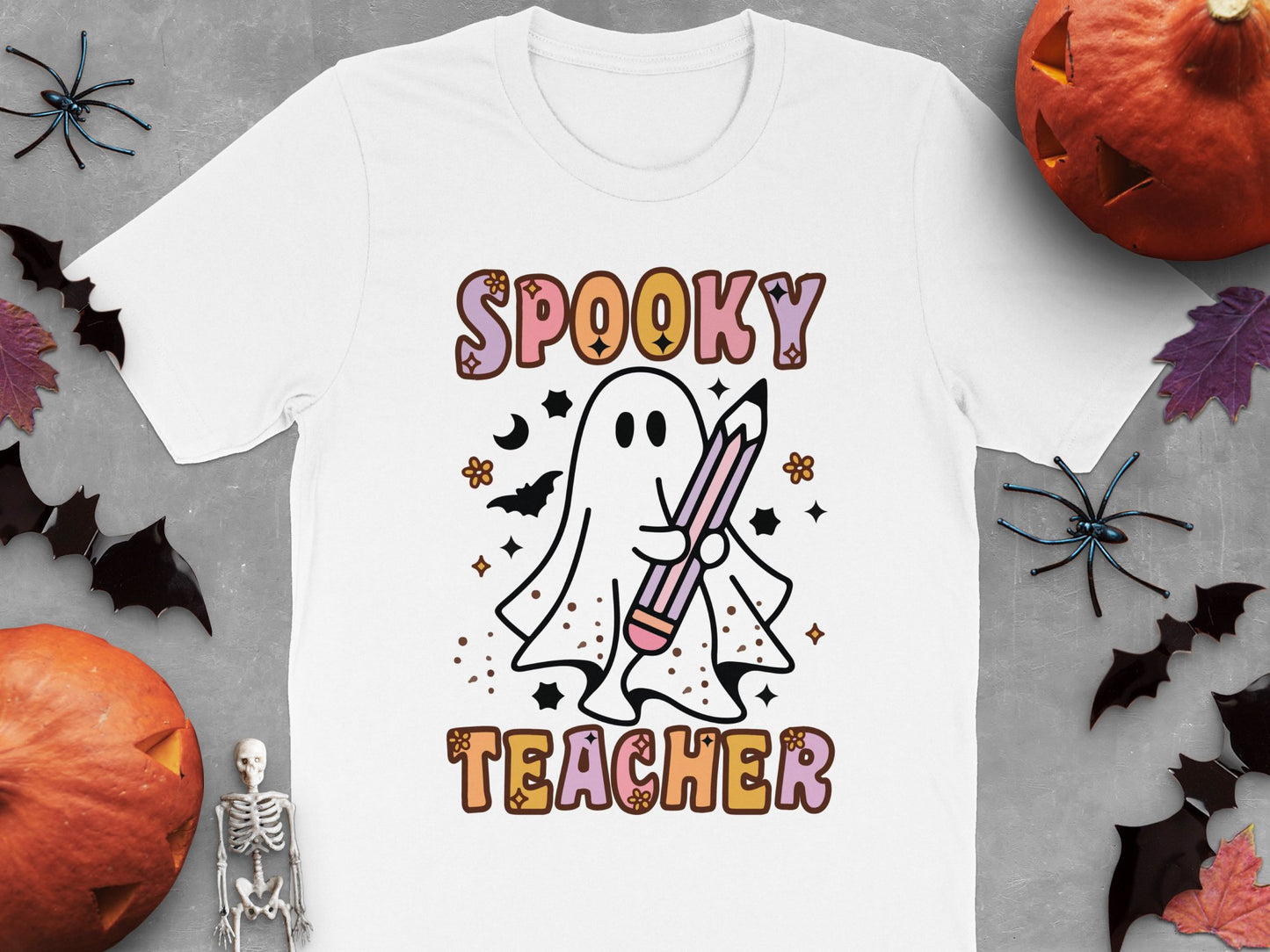 Spooky Teacher Halloween T-Shirt, Cute Ghost with Pencil, Festive Fall Apparel, Unisex White Graphic Tee for Educators and Parents