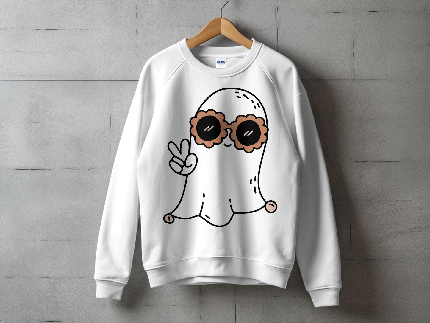 Funny Cartoon Face Sweatshirt, White Crewneck Pullover, Casual Unisex Long Sleeve Top, Unique Graphic Print Sweatshirt