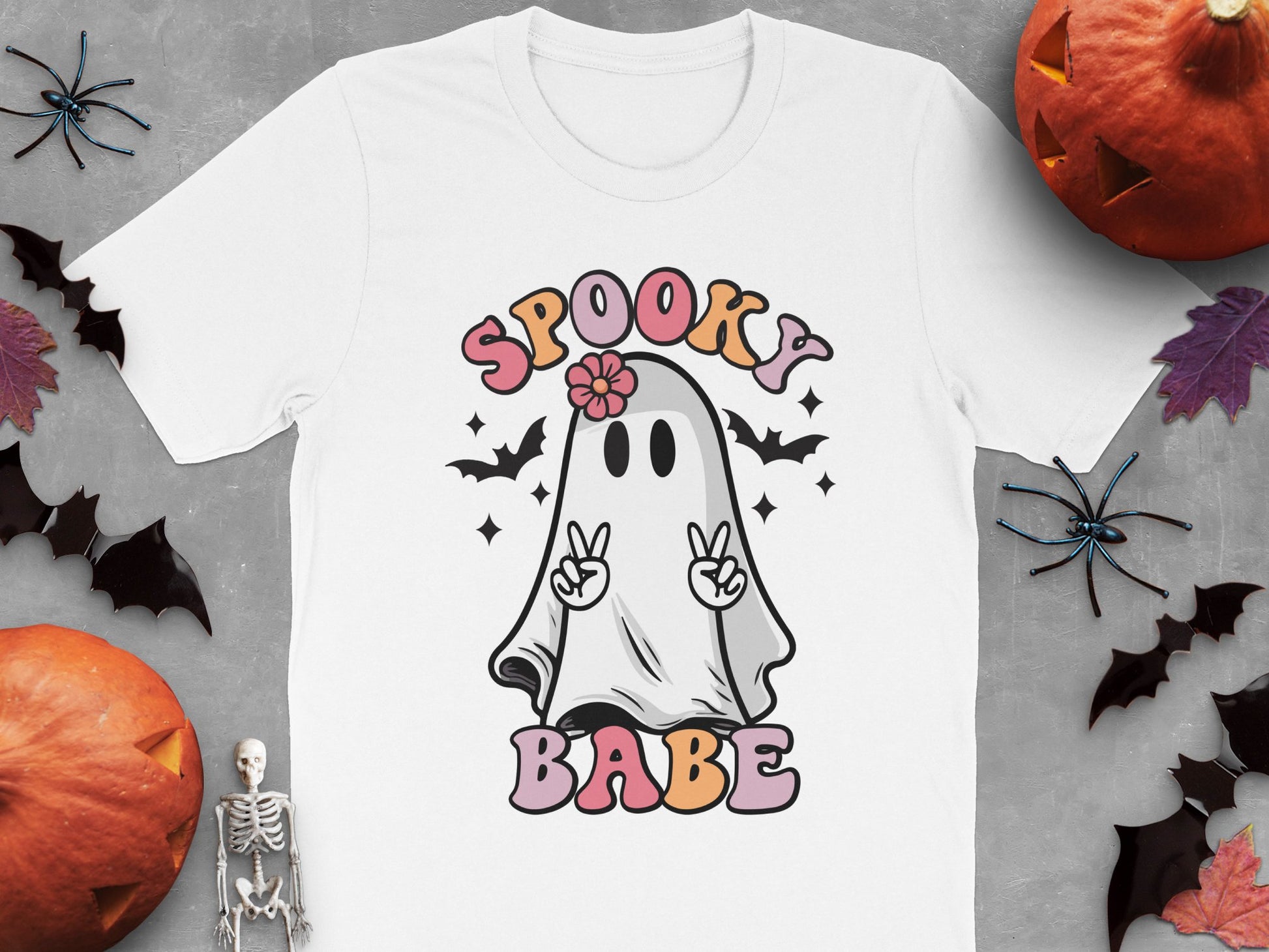 Spooky Babe Ghost T-Shirt, Cute Halloween Graphic Tee, Women's Casual Fall Fashion, Floral and Star Design