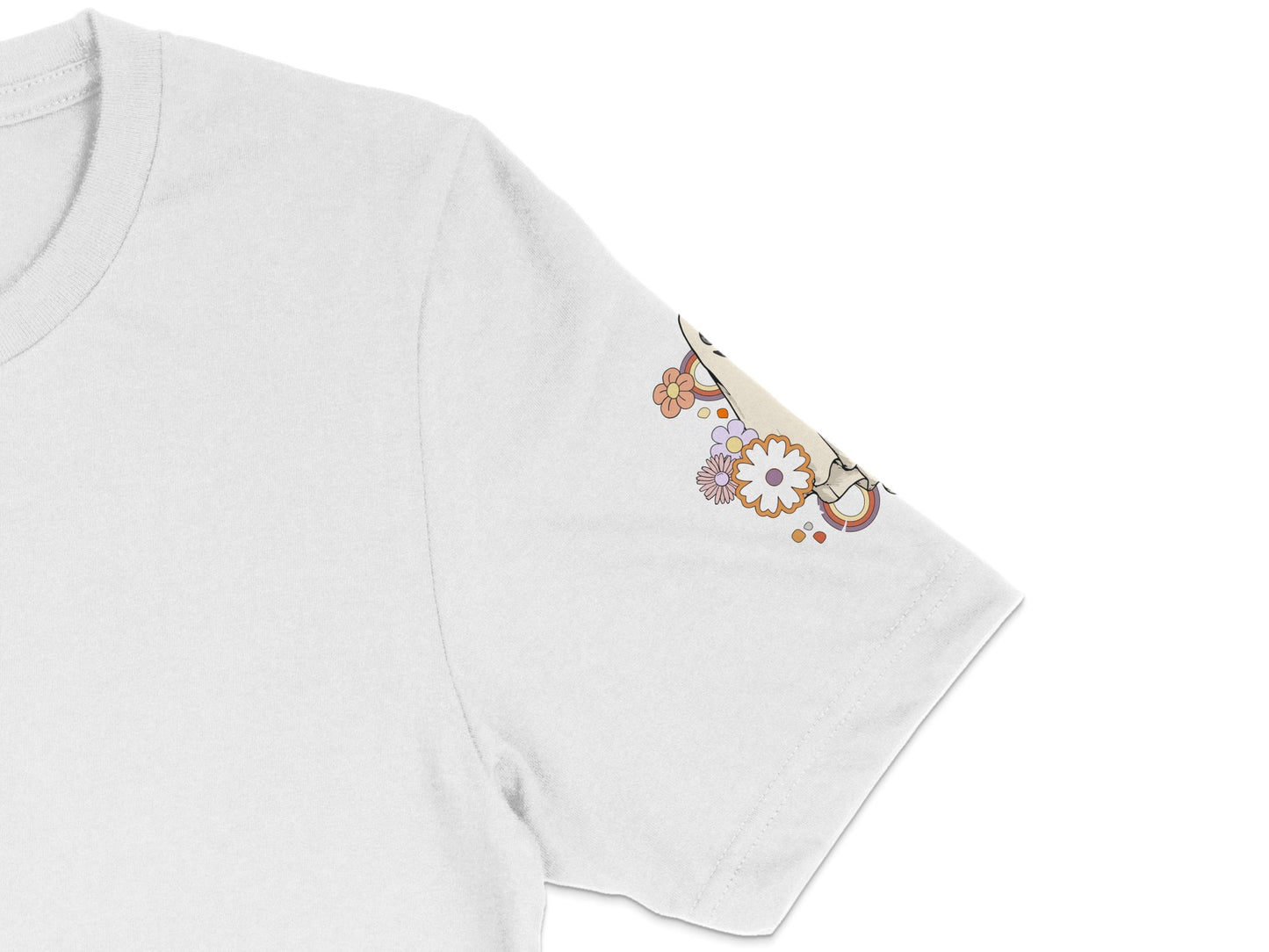 Floral Sleeve Print T-Shirt, Minimalist White Tee, Elegant Spring Flower Design, Casual Women's Fashion Top