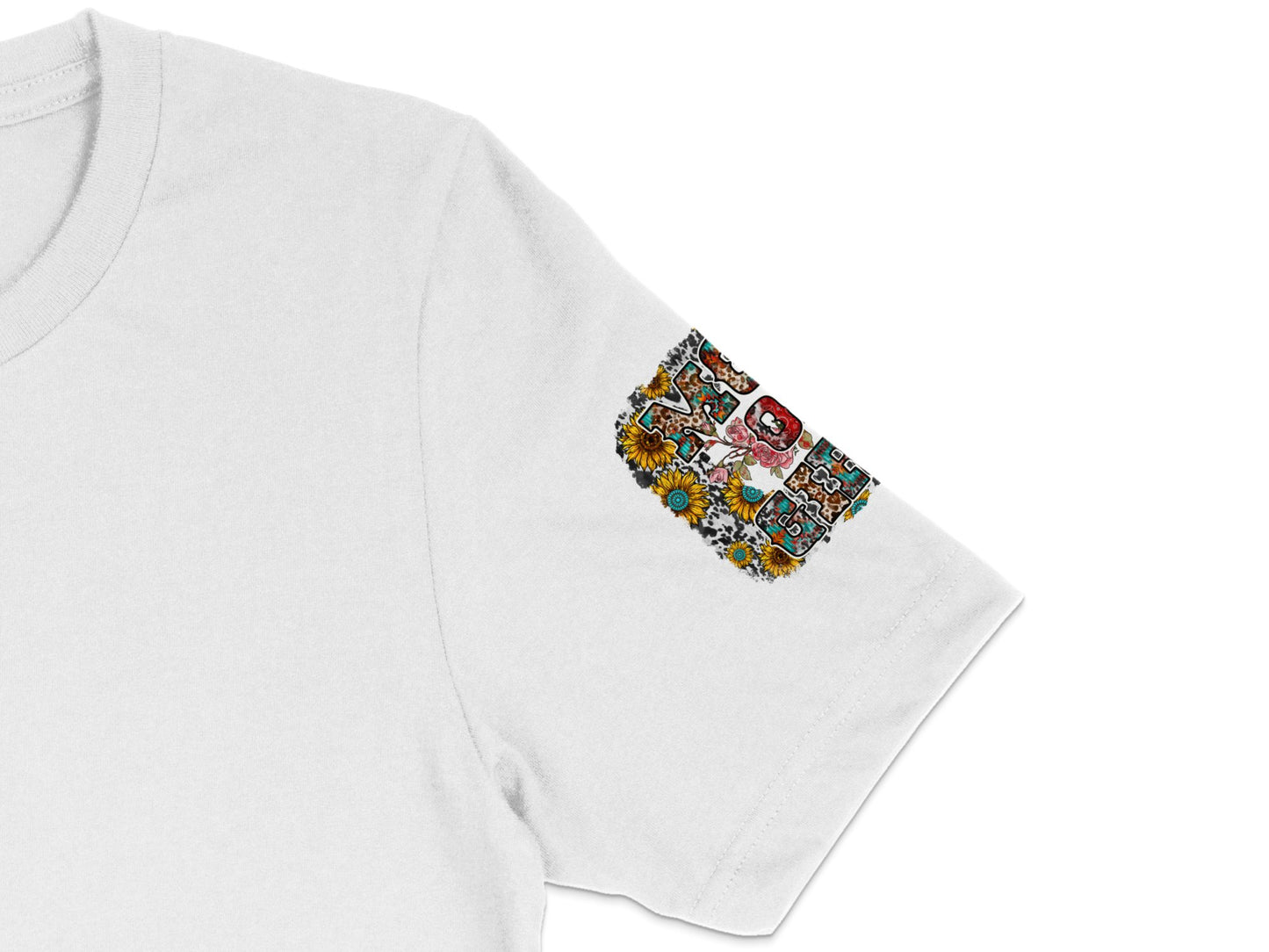 White T-Shirt with Colorful Floral Embroidered Patch, Vintage Inspired Design, Unique Fashion Top, Casual Wear