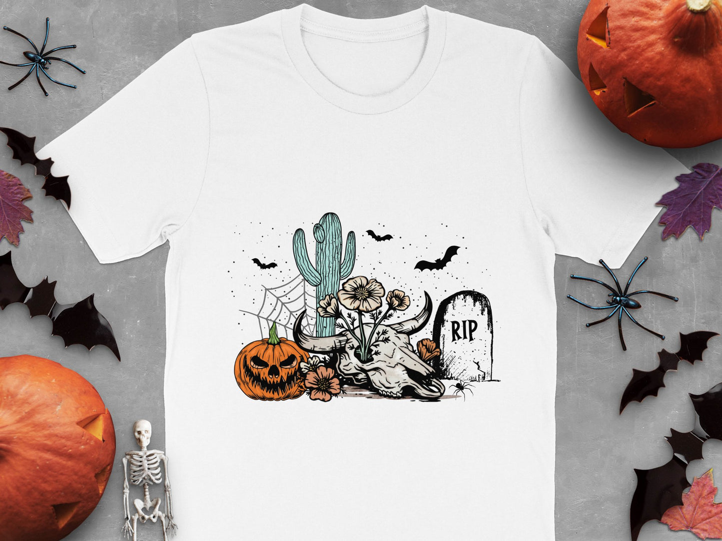Halloween Themed T-Shirt with Cats, Pumpkins, and Graveyard, Spooky Season Apparel
