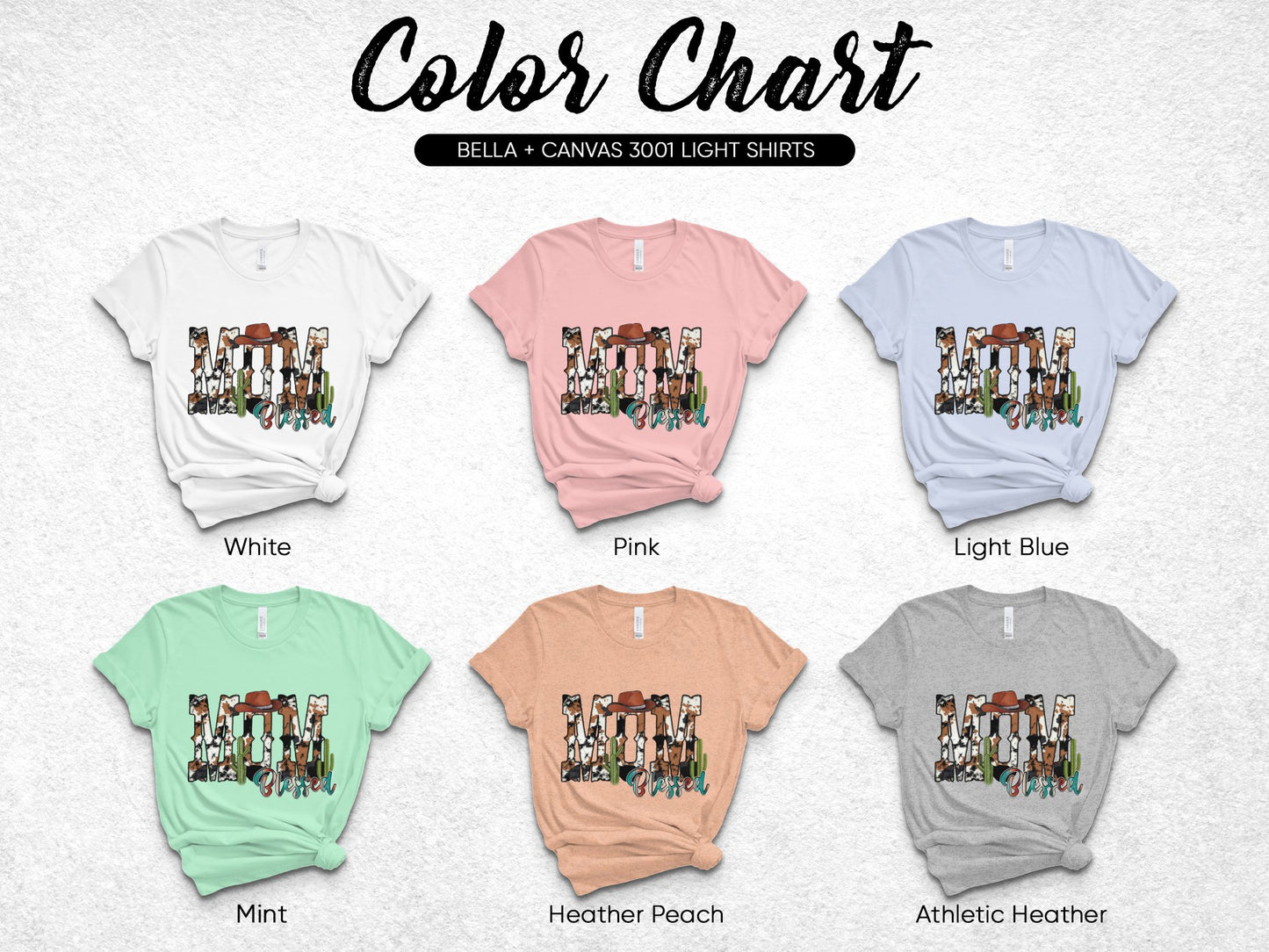 Bella Canvas 3001 T-Shirt Color Chart, Light Shirts Variety, Illustrated Graphic Tees Options