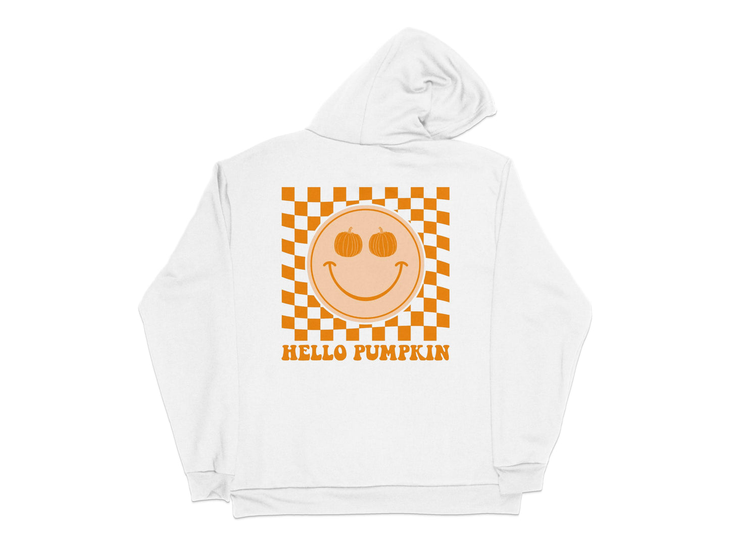 Hello Pumpkin Orange Checkered Smiley Face Hoodie, Unisex Fall Autumn Apparel, Cozy Pullover Sweatshirt