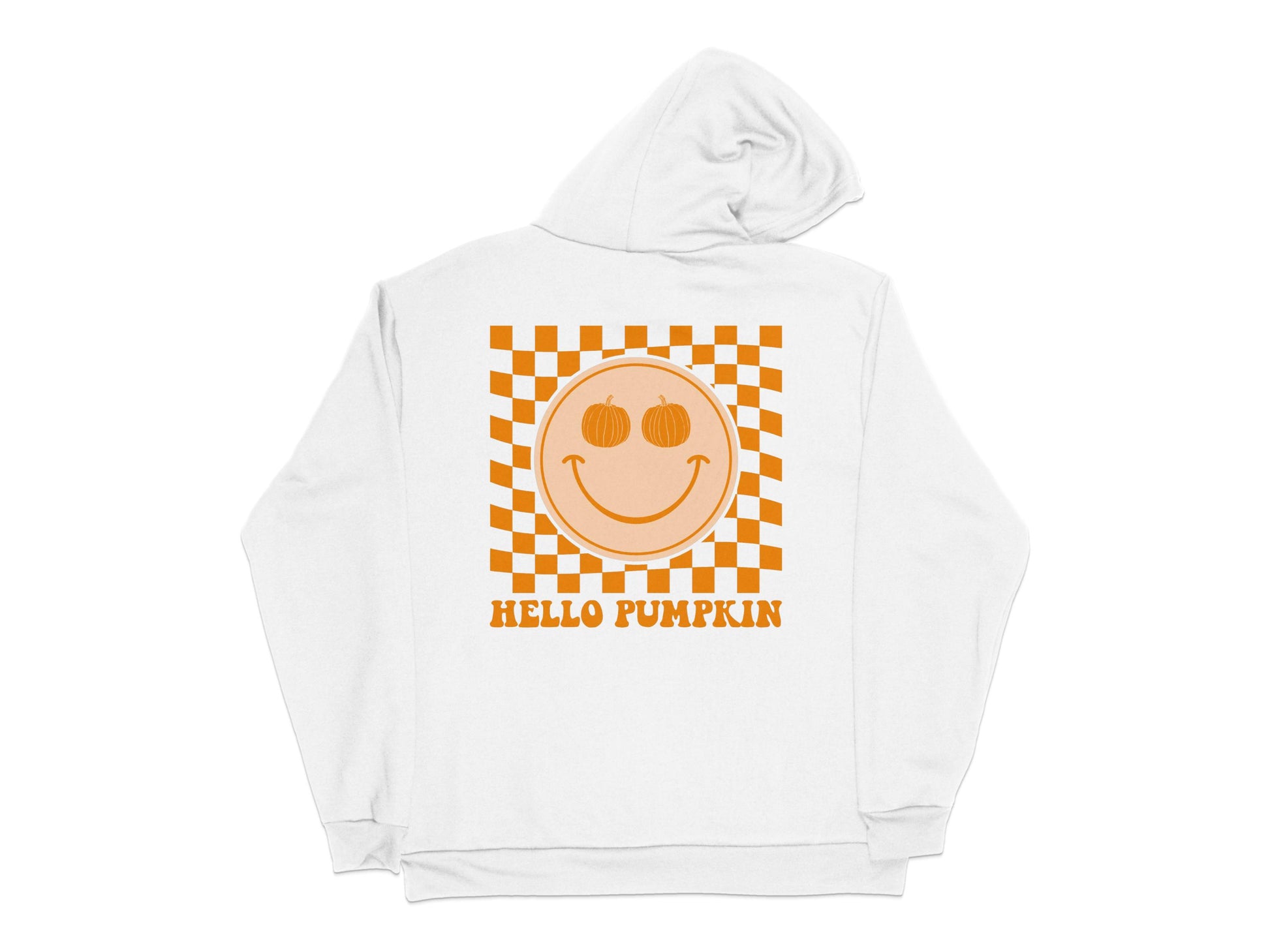 Hello Pumpkin Orange Checkered Smiley Face Hoodie, Unisex Fall Autumn Apparel, Cozy Pullover Sweatshirt