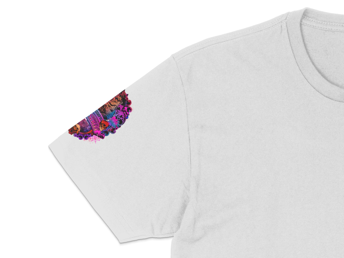 Colorful Bohemian Pocket Design White T-Shirt, Casual Unisex Graphic Tee, Unique Patterned Pocket Detail
