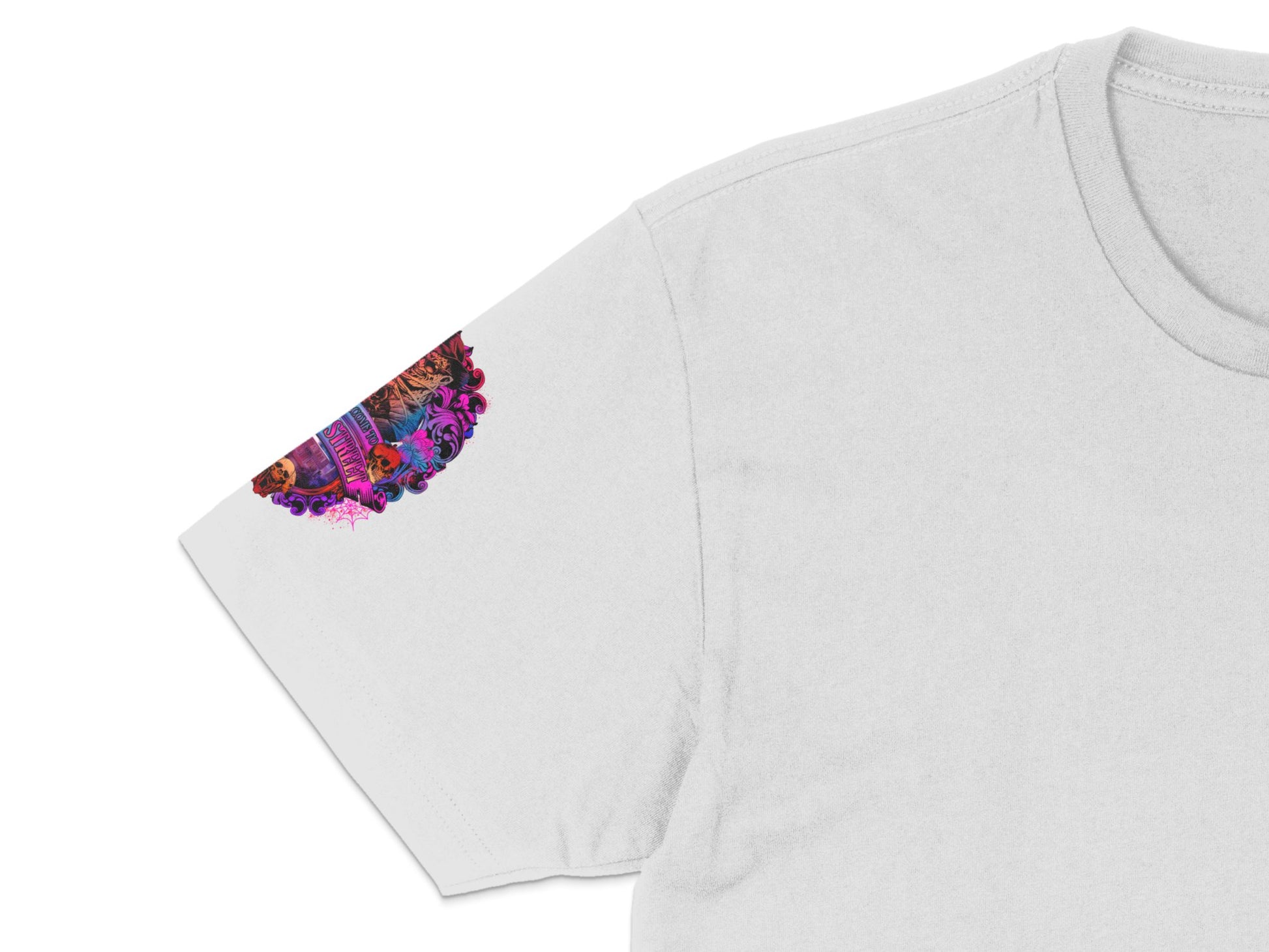 Colorful Bohemian Pocket Design White T-Shirt, Casual Unisex Graphic Tee, Unique Patterned Pocket Detail