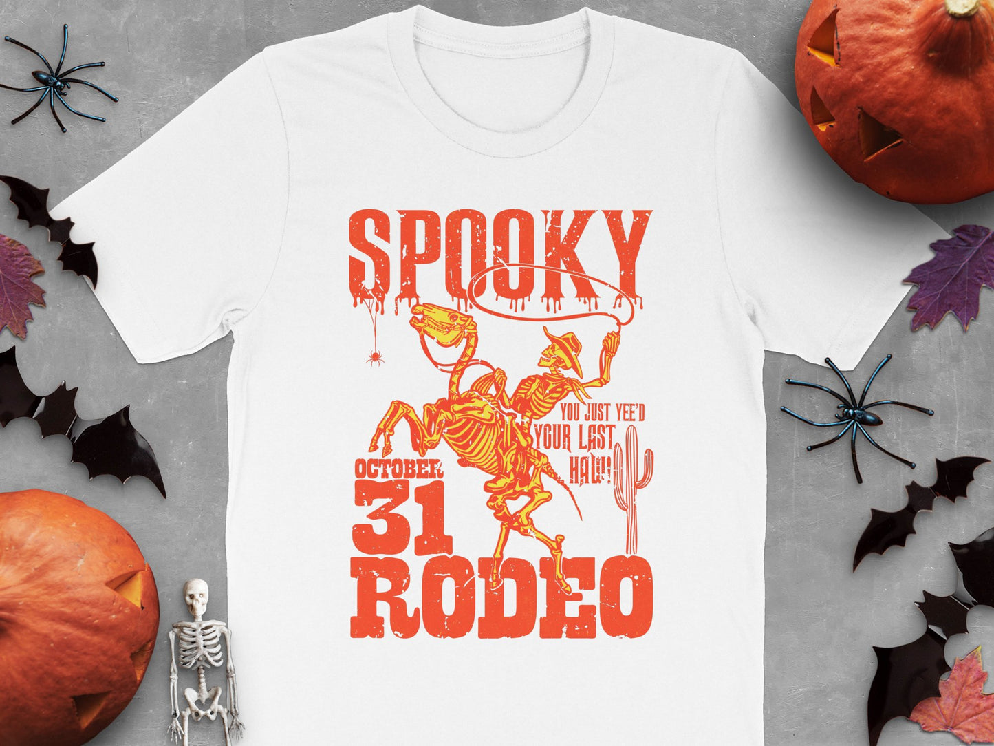 Spooky Rodeo Halloween T-Shirt, Orange Graphic Tee, Skeleton Cowboy, October 31st Apparel, Unique Holiday Fashion, Fall Festival Clothing