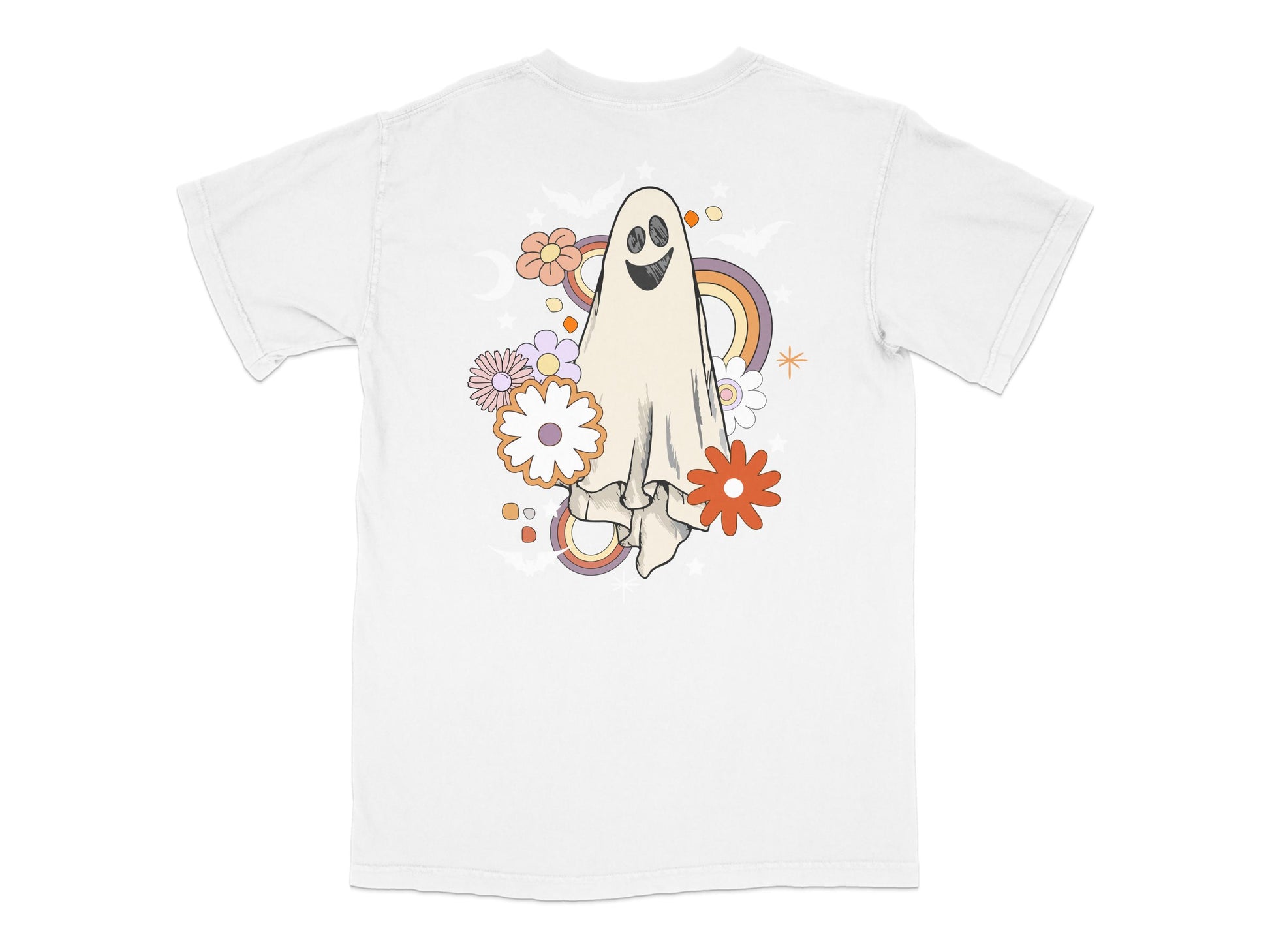 Cute Ghost Cartoon T-Shirt, Floral Design, Unisex White Summer Casual Wear, Artistic Graphic Tee