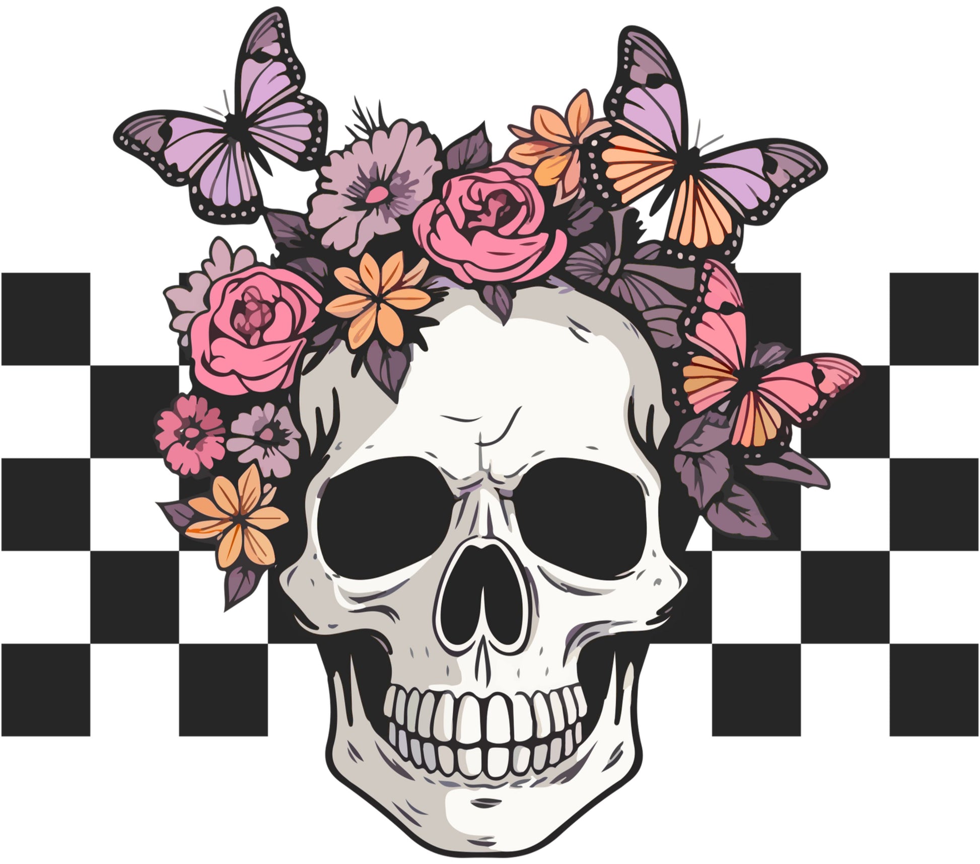 Gothic Skull and Flowers Art, Butterfly Floral Print, Checkerboard Background, Wall Decor, Unique Illustration