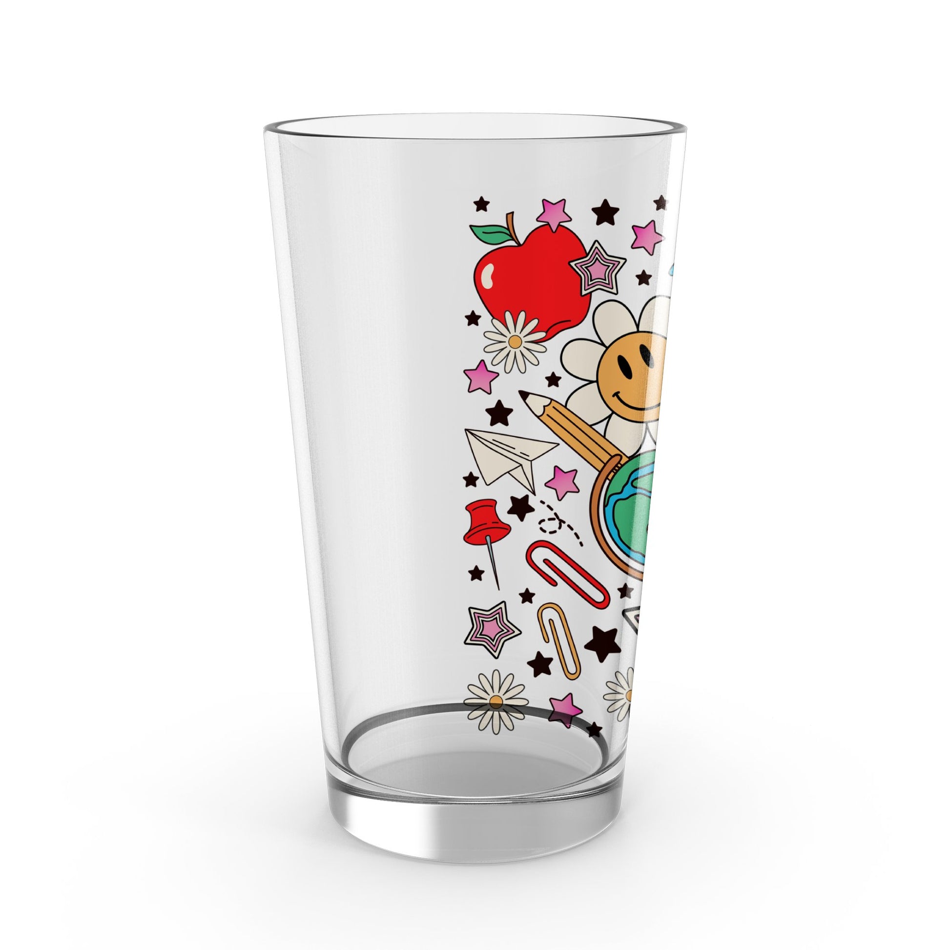 Colorful Kids Tumbler, School Themed Glass with Cute Bear and Apple Design, Star Patterns Drinkware for Children