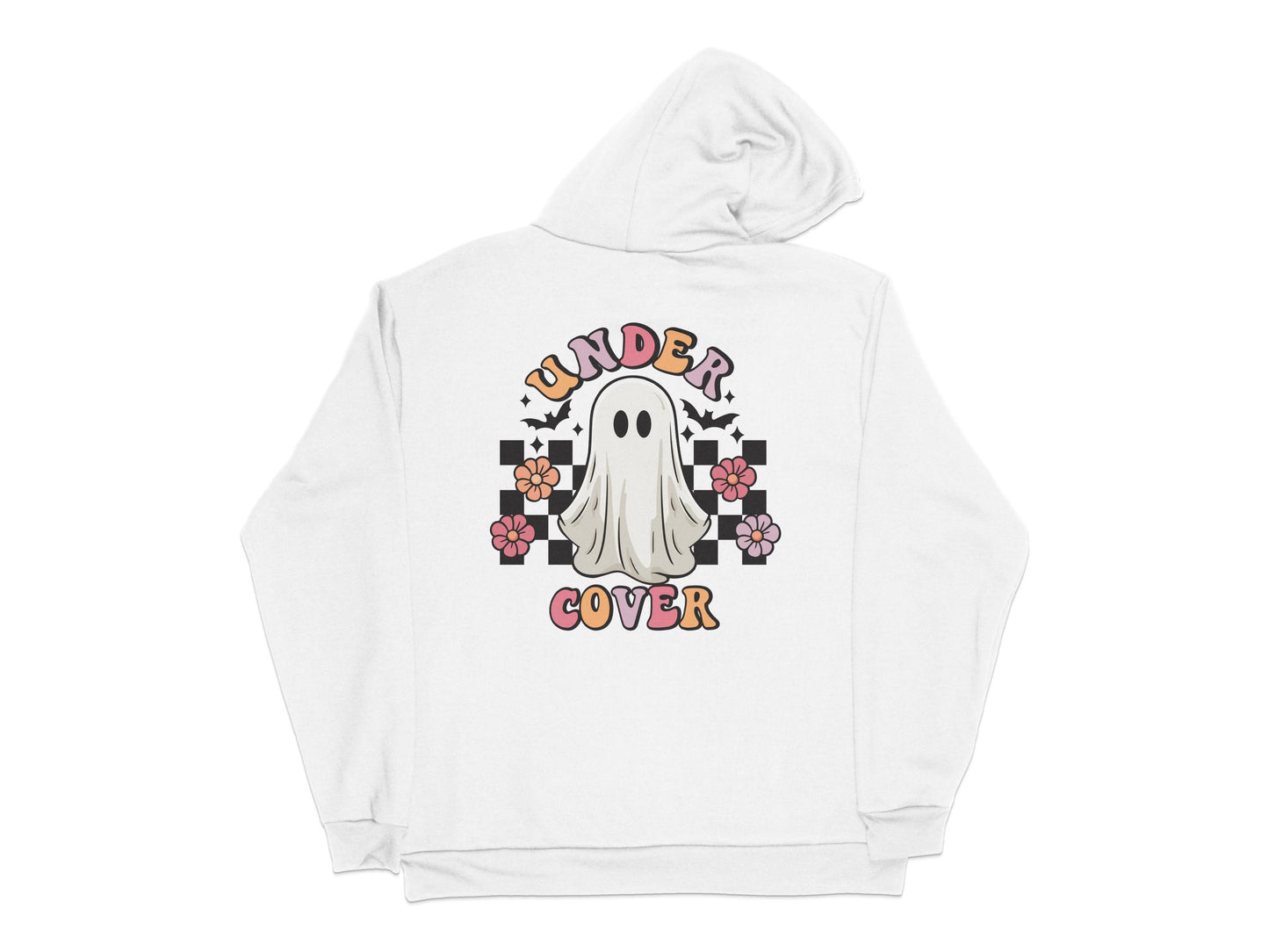 Cute Ghost Hoodie, Unisex 'Under Cover' Graphic Ghost with Flowers, Casual White Pullover Sweatshirt for Halloween and Fall Fashion