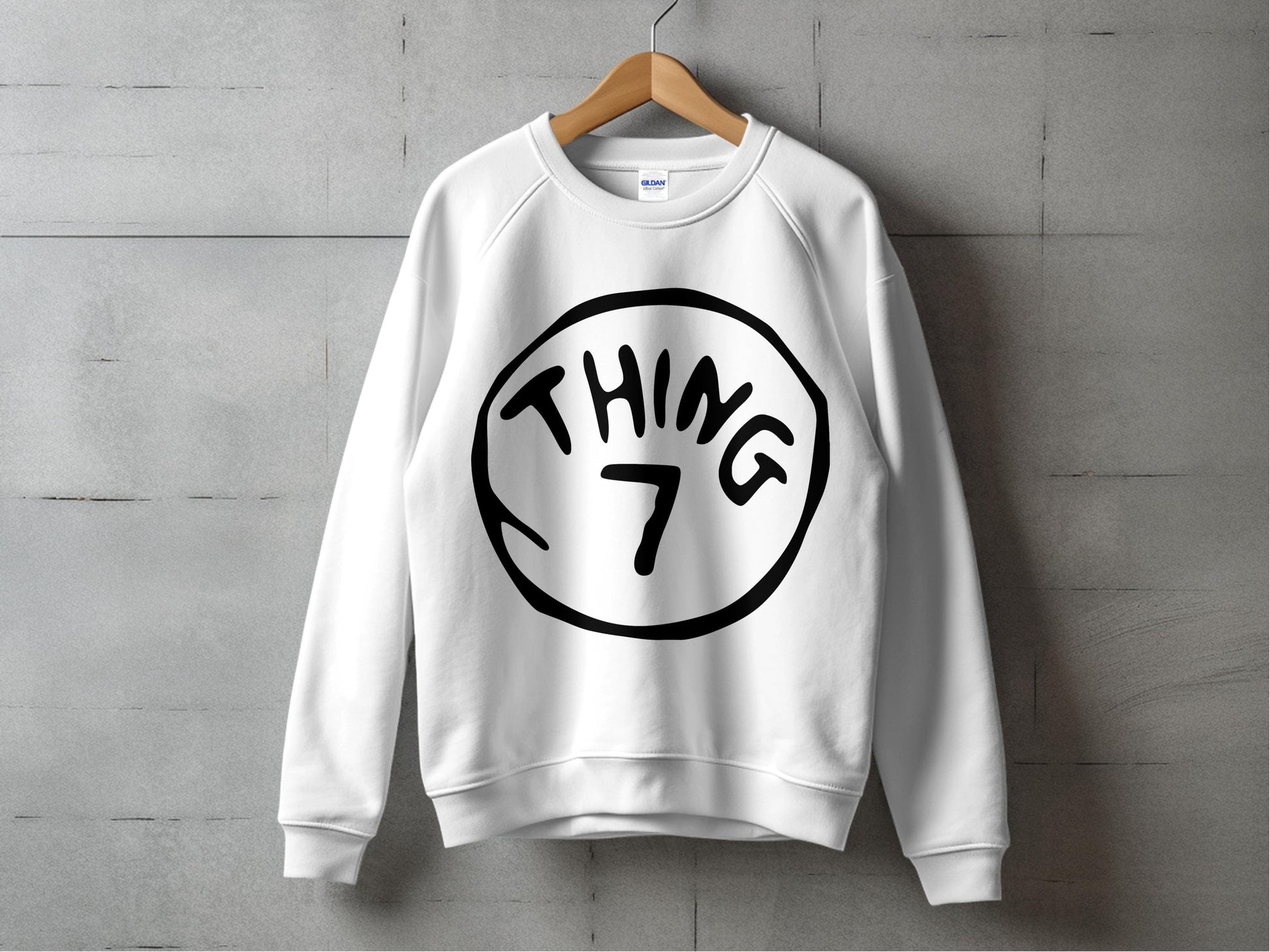 Unisex White Sweatshirt with Black 'Thing 7' Graphic Print, Casual Round Neck Long Sleeve Pullover
