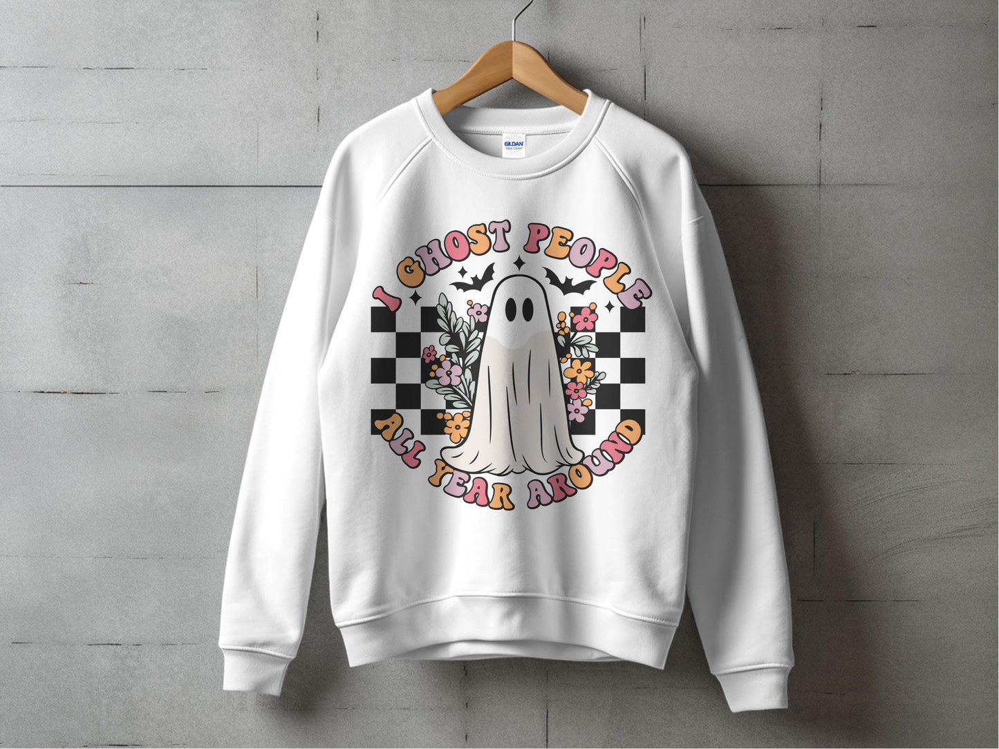 Ghost People All Year Round Sweatshirt, Unisex Casual Ghost Graphic Pullover, Floral Halloween Crewneck Sweatshirt, Fall Fashion Top