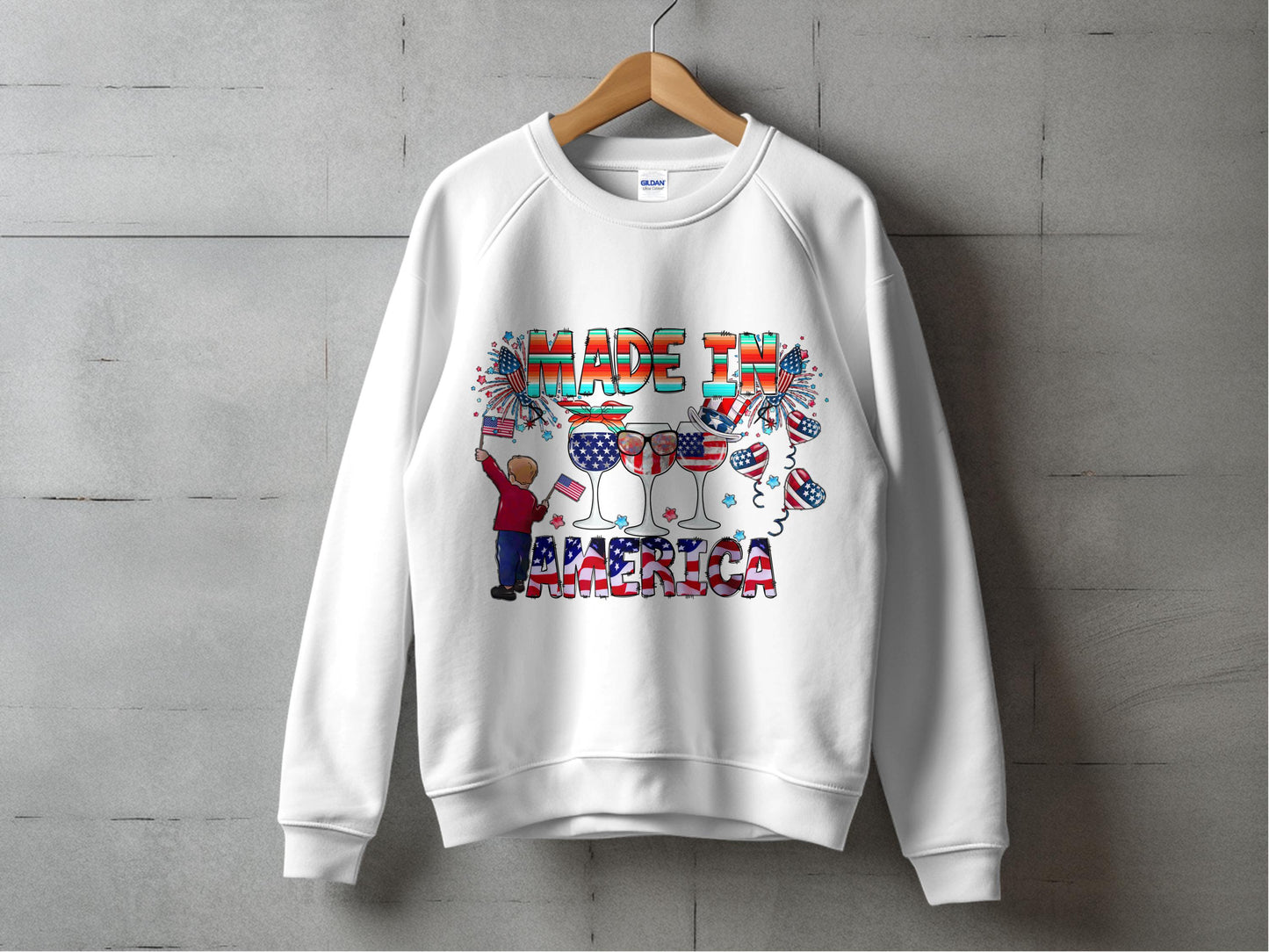 Patriotic Sweatshirt Made in America Graphic, Unisex White Pullover, USA Flag Print, Festive Casual Wear