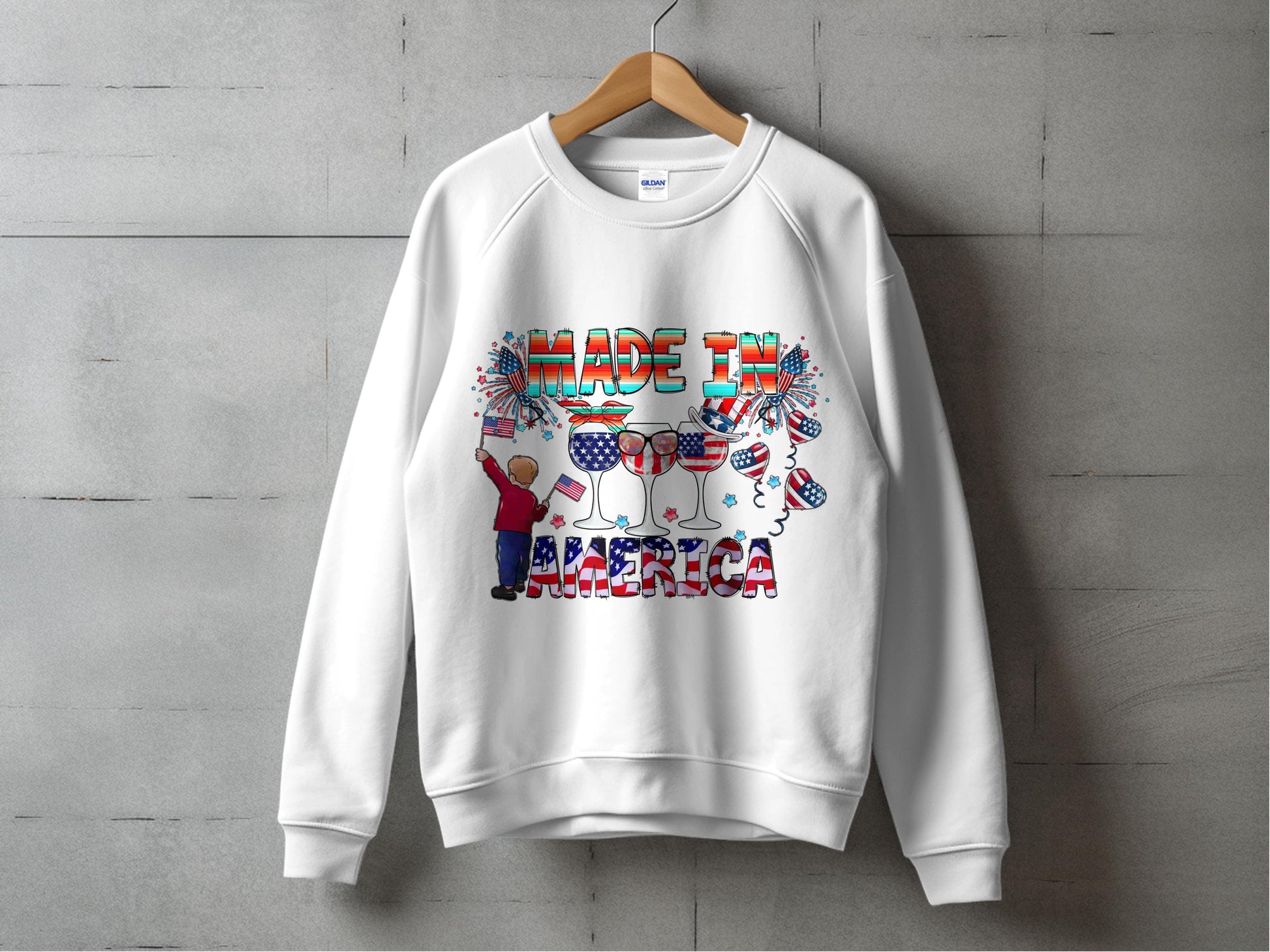 Patriotic Sweatshirt Made in America Graphic, Unisex White Pullover, USA Flag Print, Festive Casual Wear