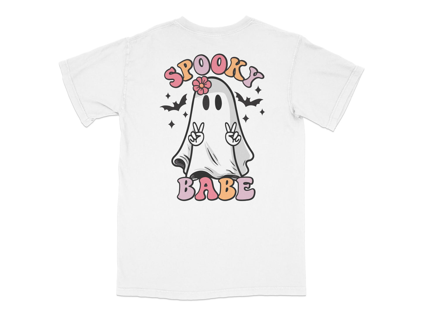 Spooky Babe Ghost T-Shirt, Cute Halloween Graphic Tee, Unisex Casual White Shirt with Cartoon Ghost and Bats