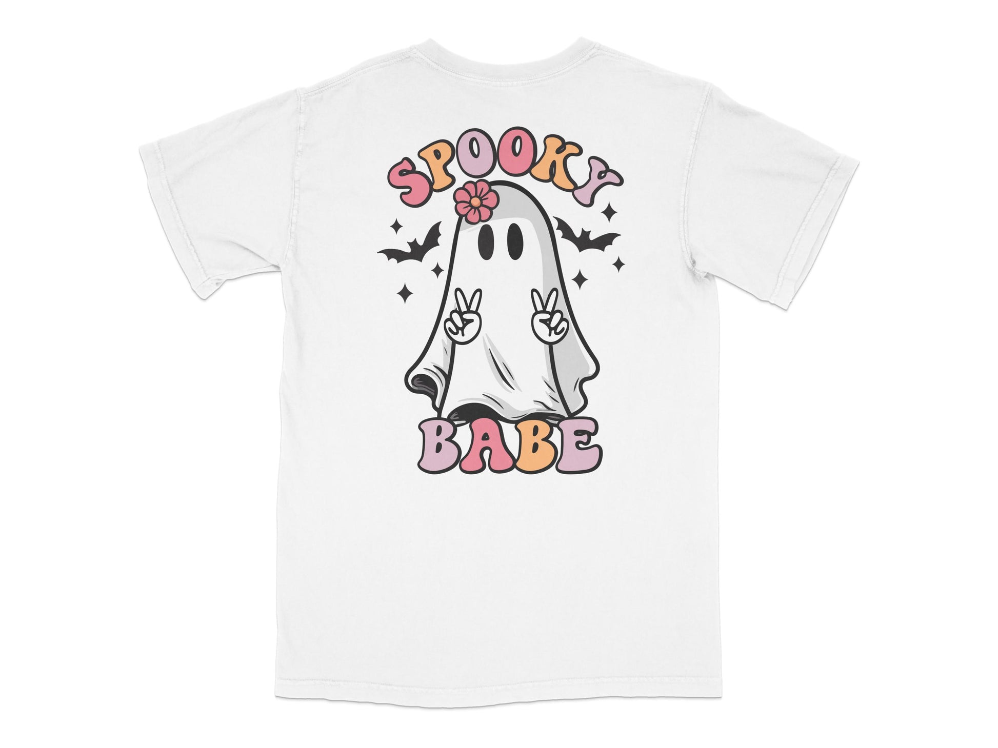 Spooky Babe Ghost T-Shirt, Cute Halloween Graphic Tee, Unisex Casual White Shirt with Cartoon Ghost and Bats