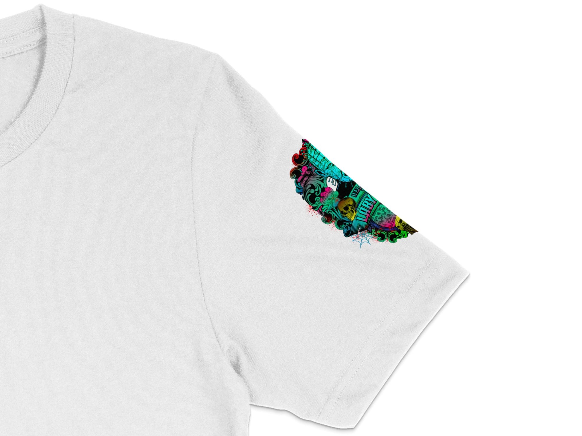 Women's White T-Shirt with Colorful Embroidered Patch Detail, Casual Summer Fashion Top, Unique Floral Sleeve Accent