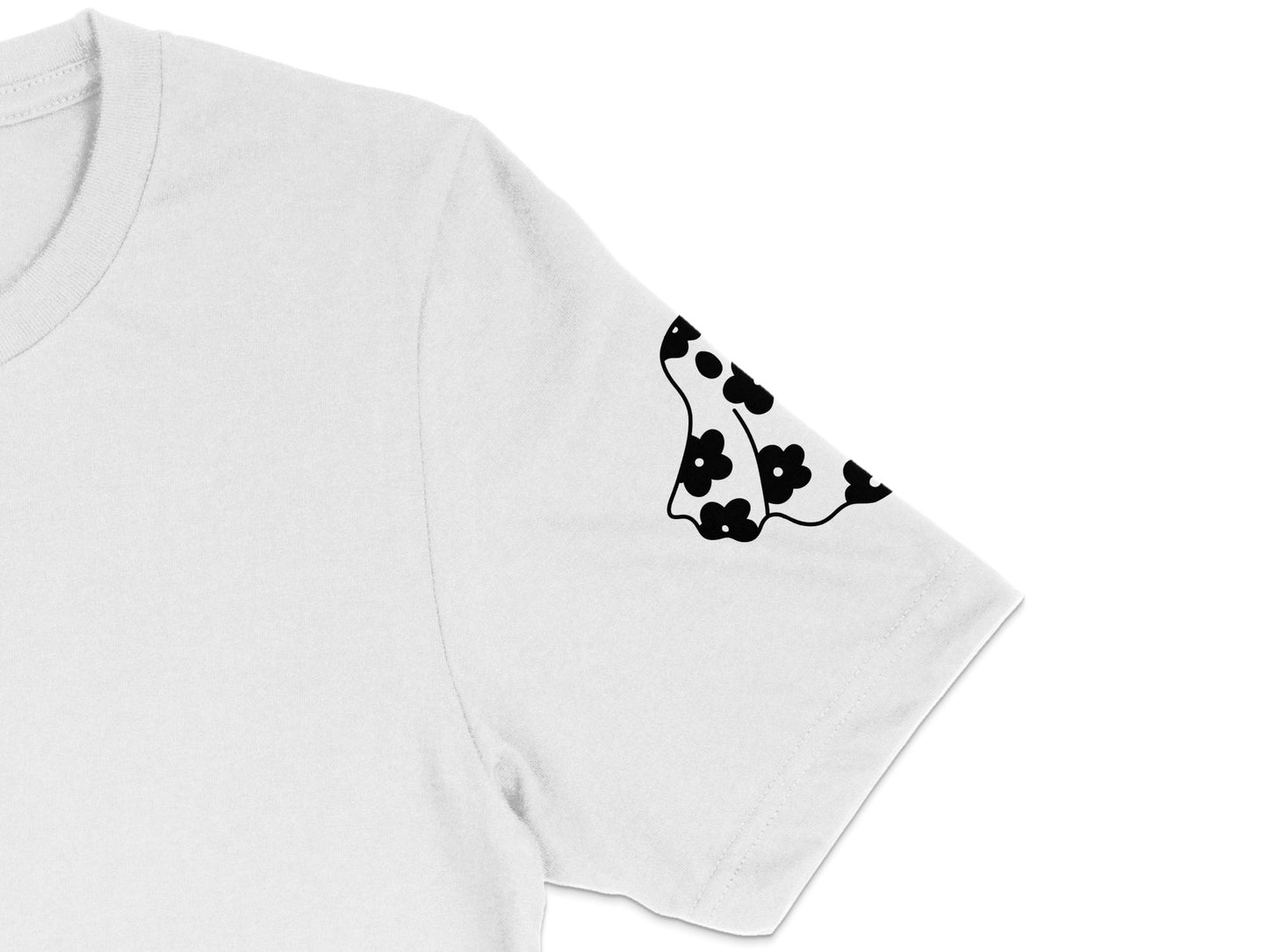 White T-Shirt with Black Flower Design, Casual Floral Print Tee, Summer Fashion Top for Women