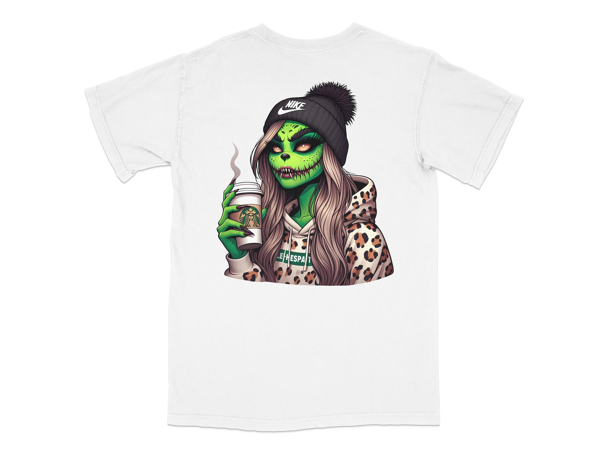 Zombie Girl Graphic T-Shirt, Unique Hipster Monster Design, Leopard Print Sleeve, Coffee Lover Gift