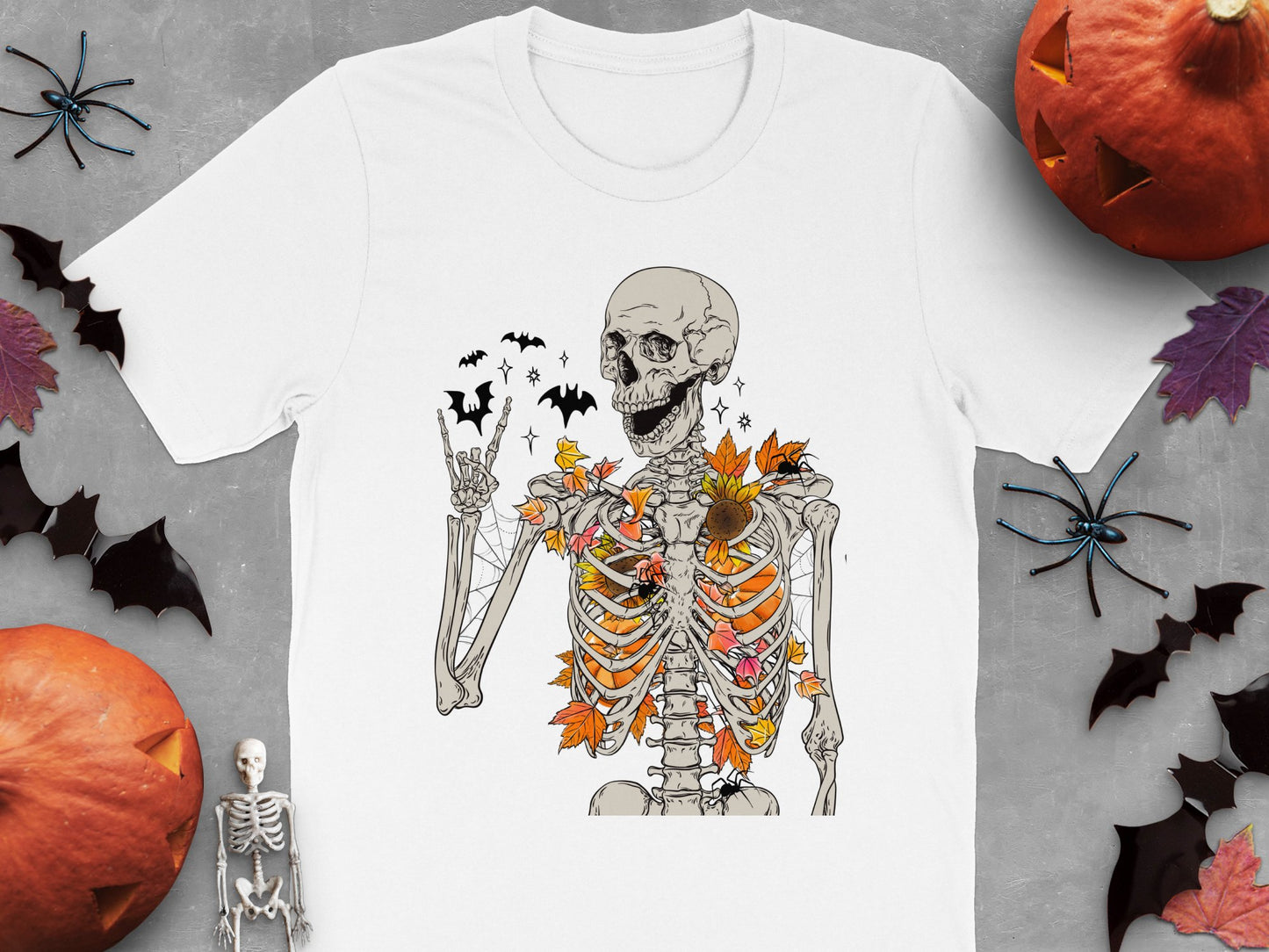 Halloween Skeleton T-Shirt, Men's Women's Fall Graphic Tee, Spooky Autumn Apparel, Bat and Leaf Design