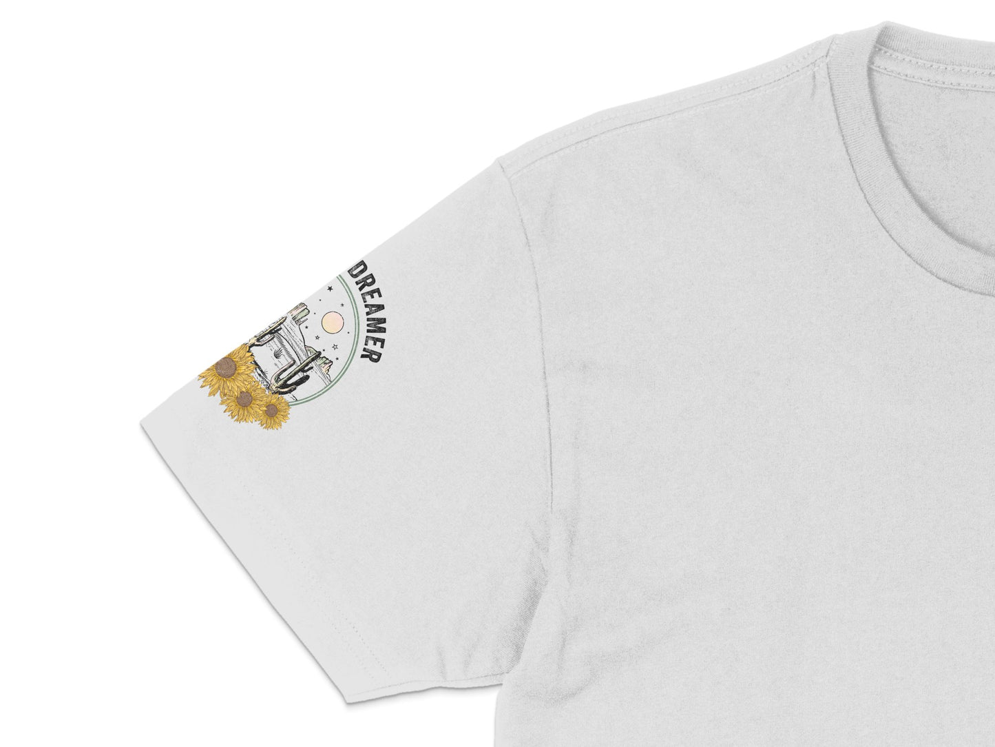 Dreamer Graphic T-Shirt, White Tee with Vintage Camera Sunflower Design, Casual Summer Top, Unisex Fashion