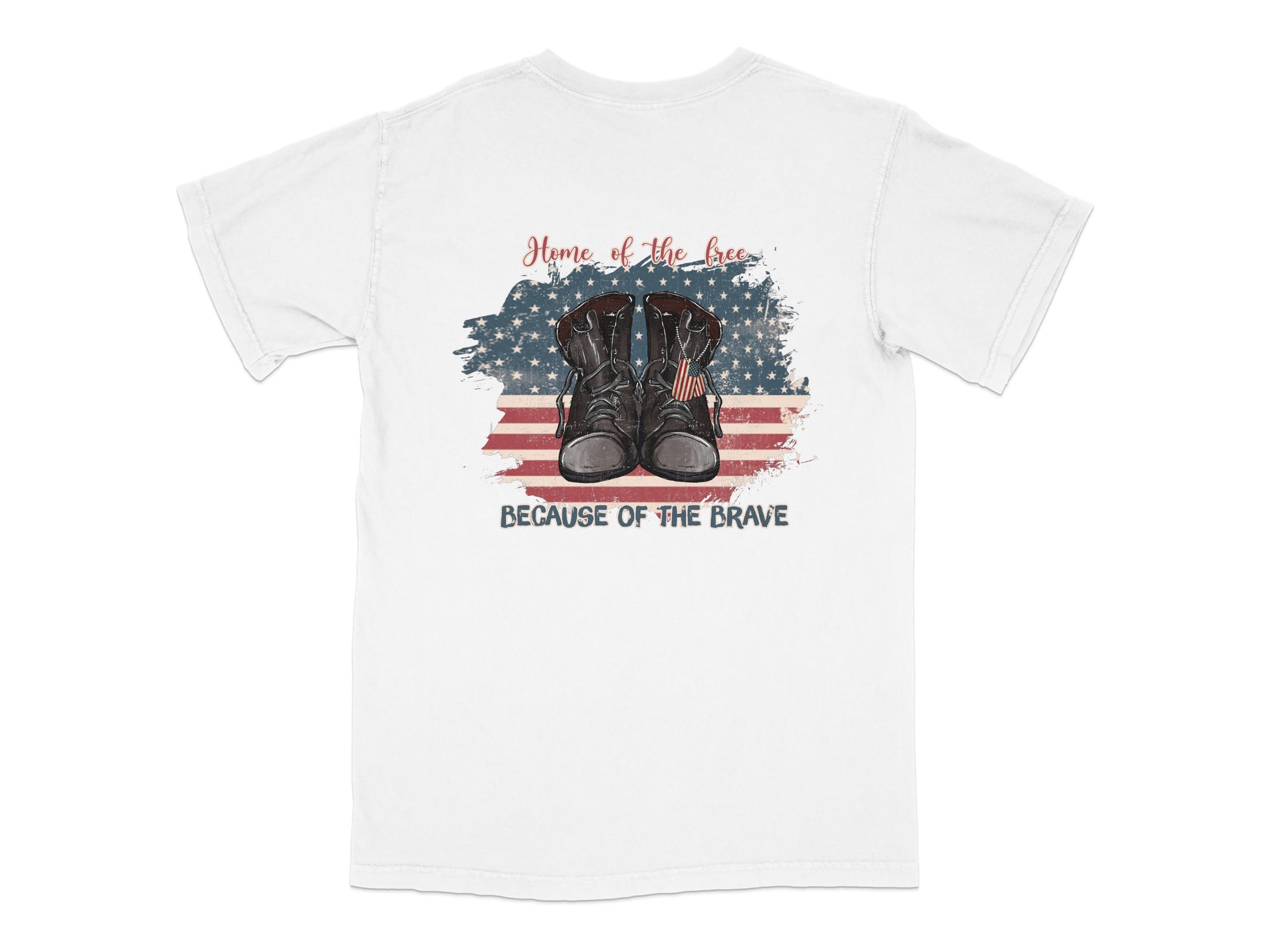 Patriotic T-Shirt, Home of the Brave, American Flag and Boots Graphic, Unisex Cotton Tee
