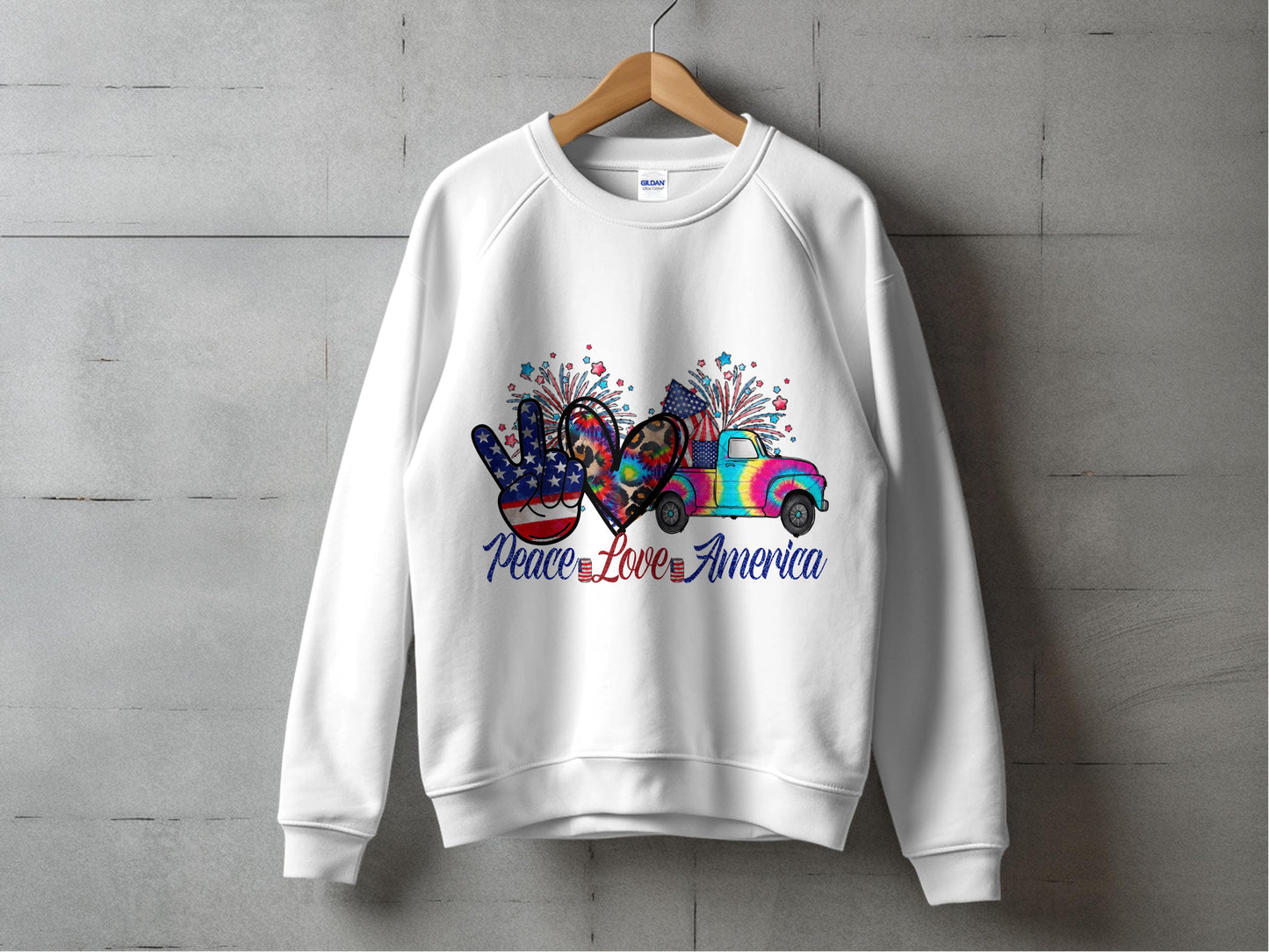 Patriotic Sweatshirt, Peace Love America Graphic, Unisex White Crewneck, 4th of July Apparel, American Flag Design, Casual Fashion Top
