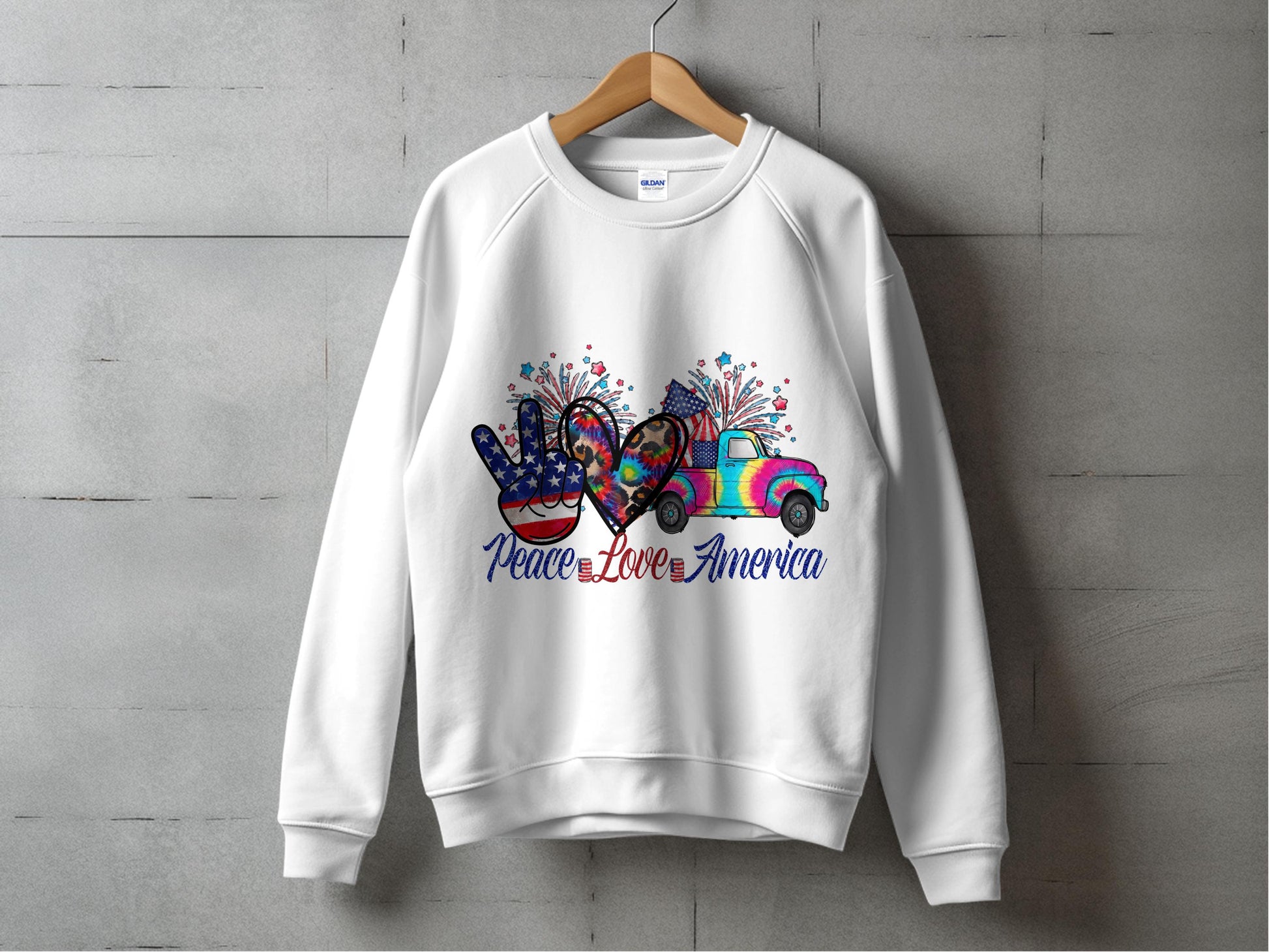 Patriotic Sweatshirt, Peace Love America Graphic, Unisex White Crewneck, 4th of July Apparel, American Flag Design, Casual Fashion Top