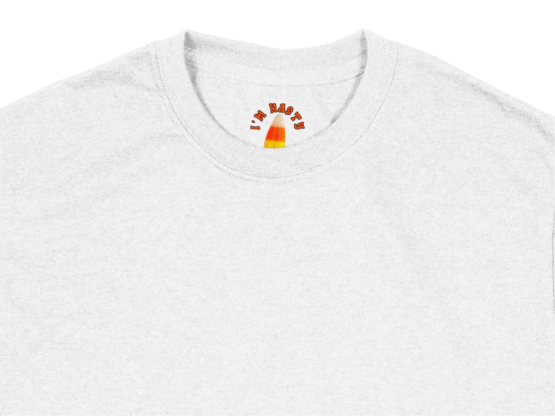 White T-Shirt with Small Candy Corn 'I'm Just Here for the Candy' Embroidery, Halloween Casual Wear