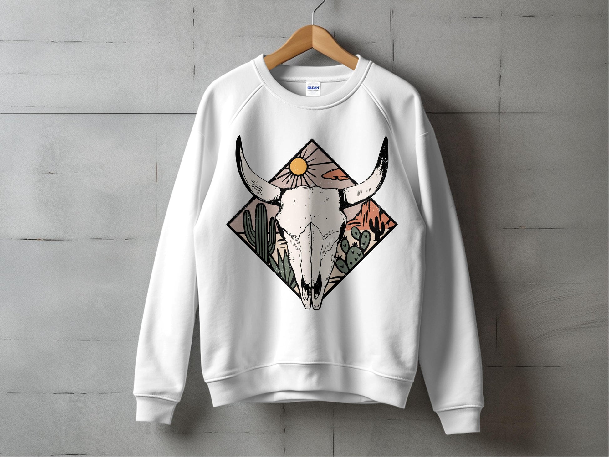 Boho Style Bull Skull Sweatshirt, Colorful Geometric Design, Unisex White Crewneck Pullover, Casual Graphic Top