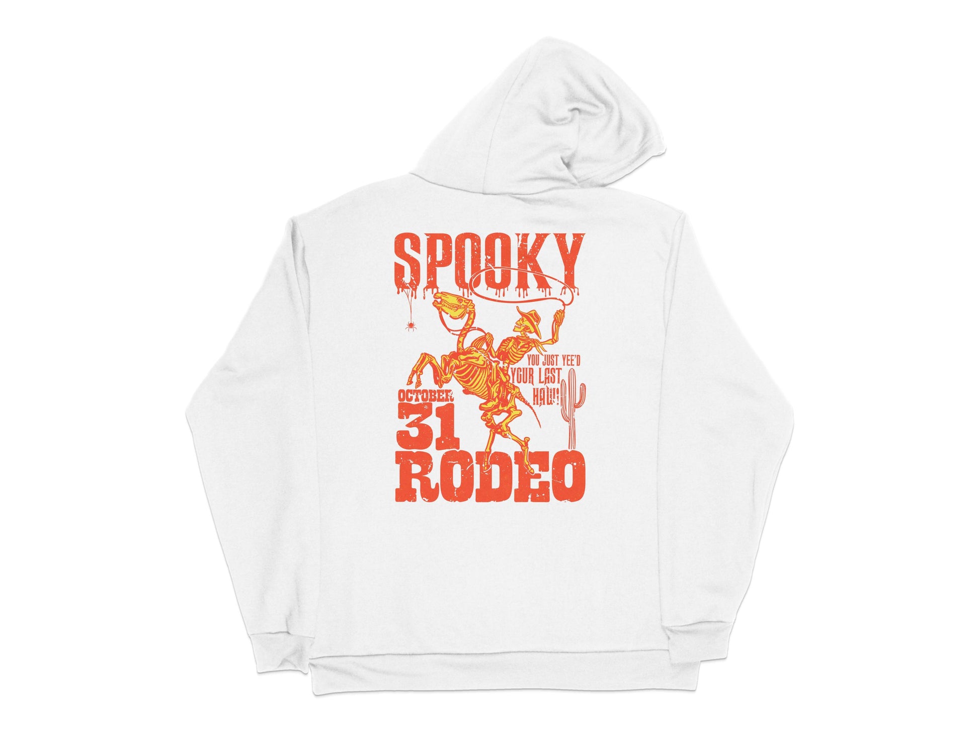 Spooky Rodeo Graphic Hoodie, Halloween Skeleton Cowboy, Unisex White Sweatshirt, October 31st Apparel