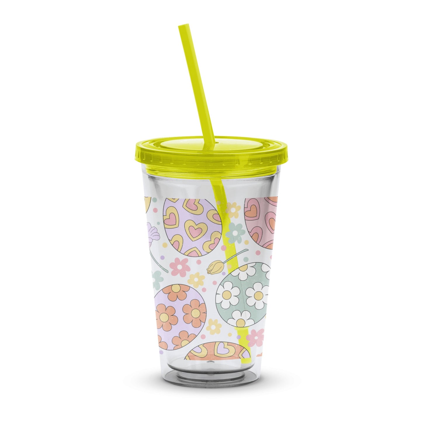 Colorful Floral and Heart Pattern Tumbler with Yellow Lid and Straw, Insulated Drinkware, Gift Idea